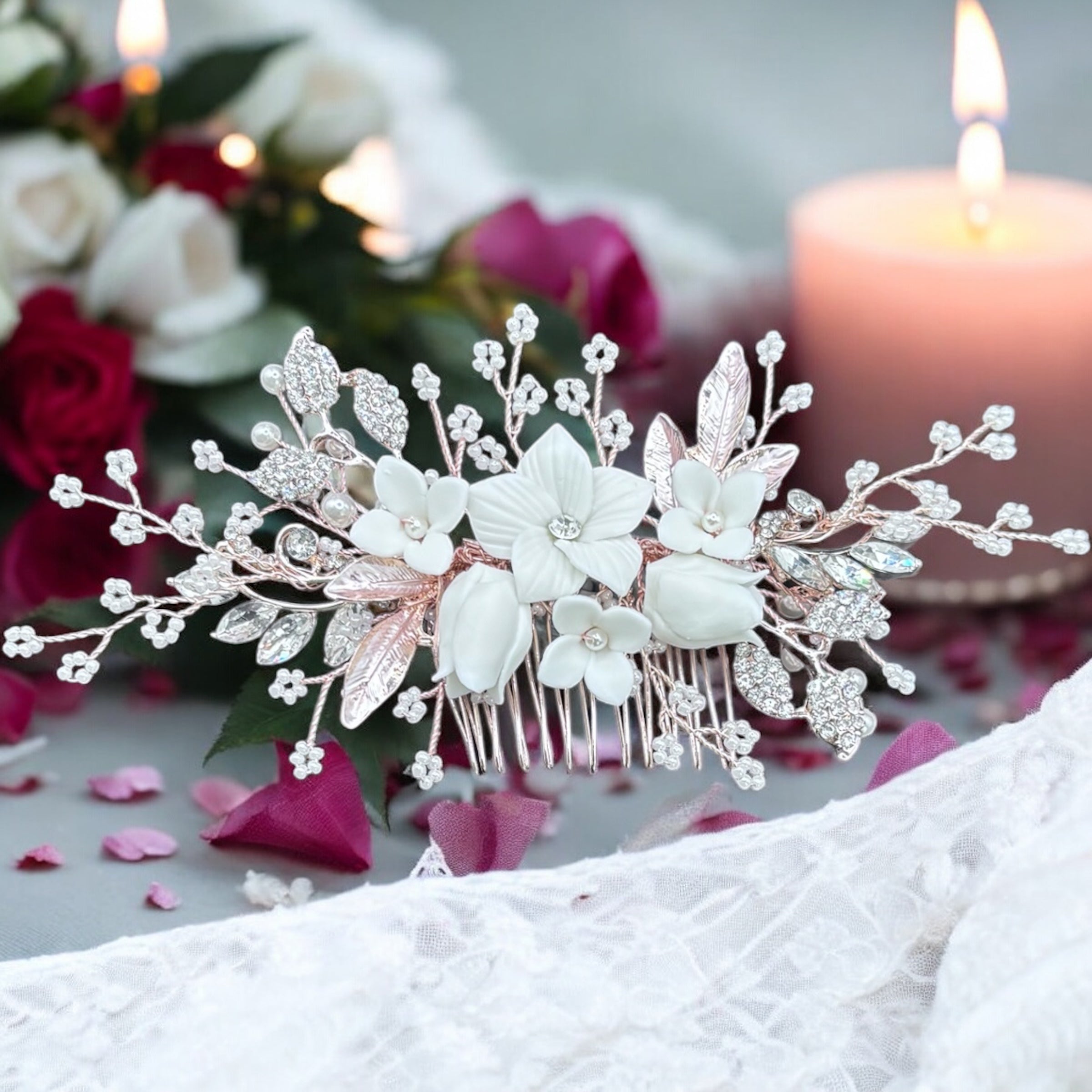 Elegant Rose Gold Bridal Hair Comb with Swarovski Crystals & Freshwater Pearls - Perfect for Weddings, Proms, and Special Occasions