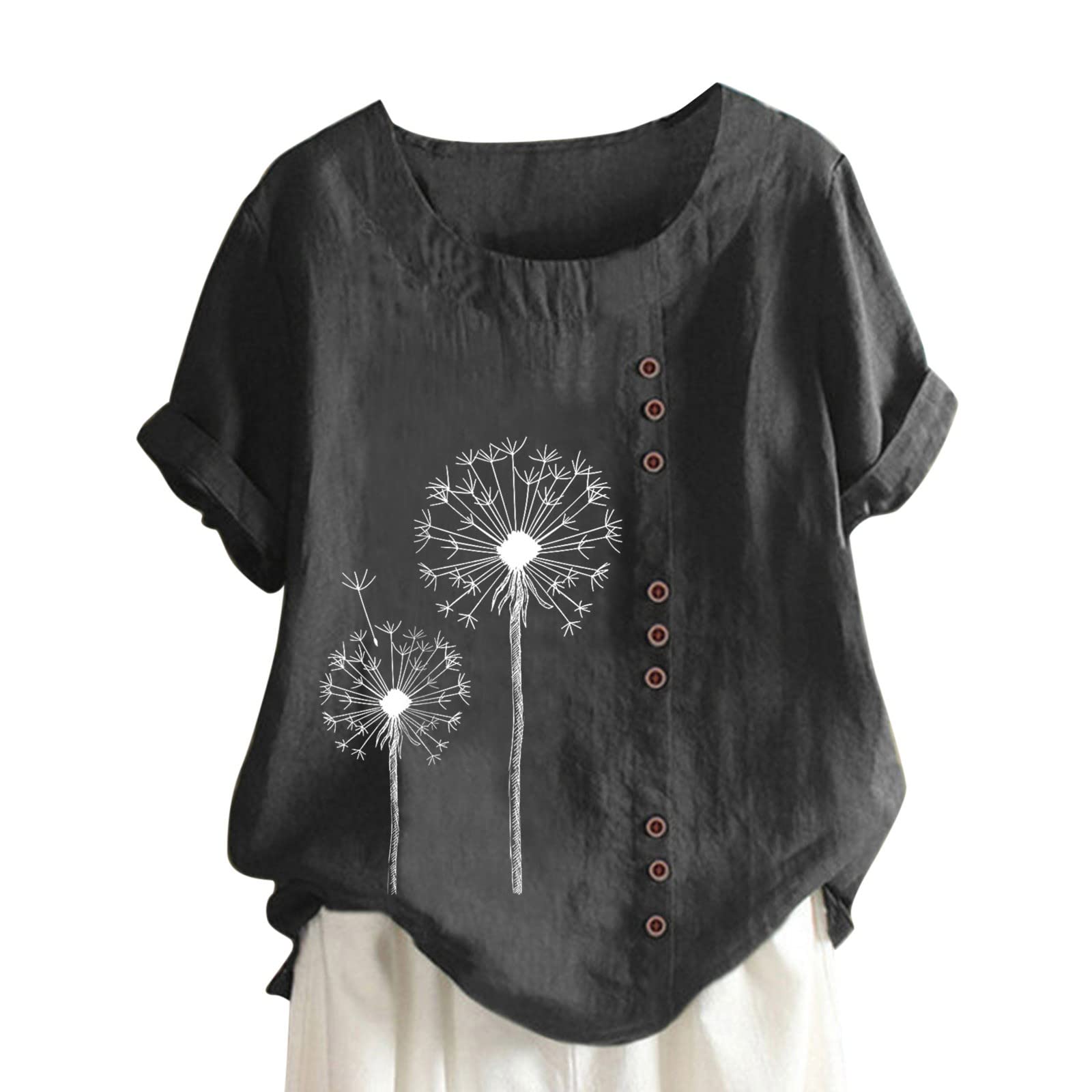 Women's Short Sleeve Cotton Linen Blouse - Round Neck Loose Fit T-Shirt for Summer - Casual Tops & Tees for Everyday Wear, Office, and Outings