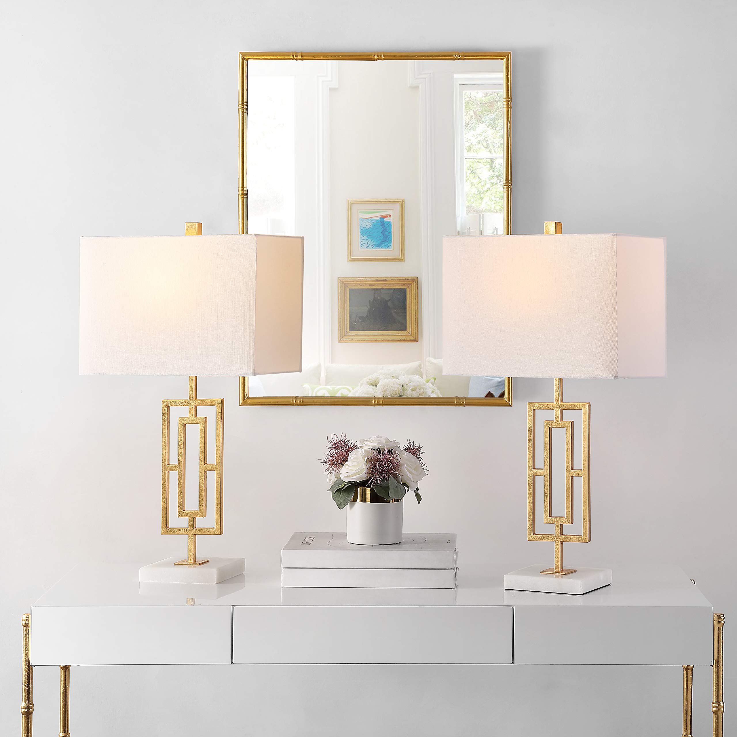 SAFAVIEH Yara 26-inch Gold Iron Table Lamp Set of 2 with LED Bulbs - Modern Bedside Lighting for Bedroom, Living Room & Home Office - Perfect for Reading, Working & Ambient Decor