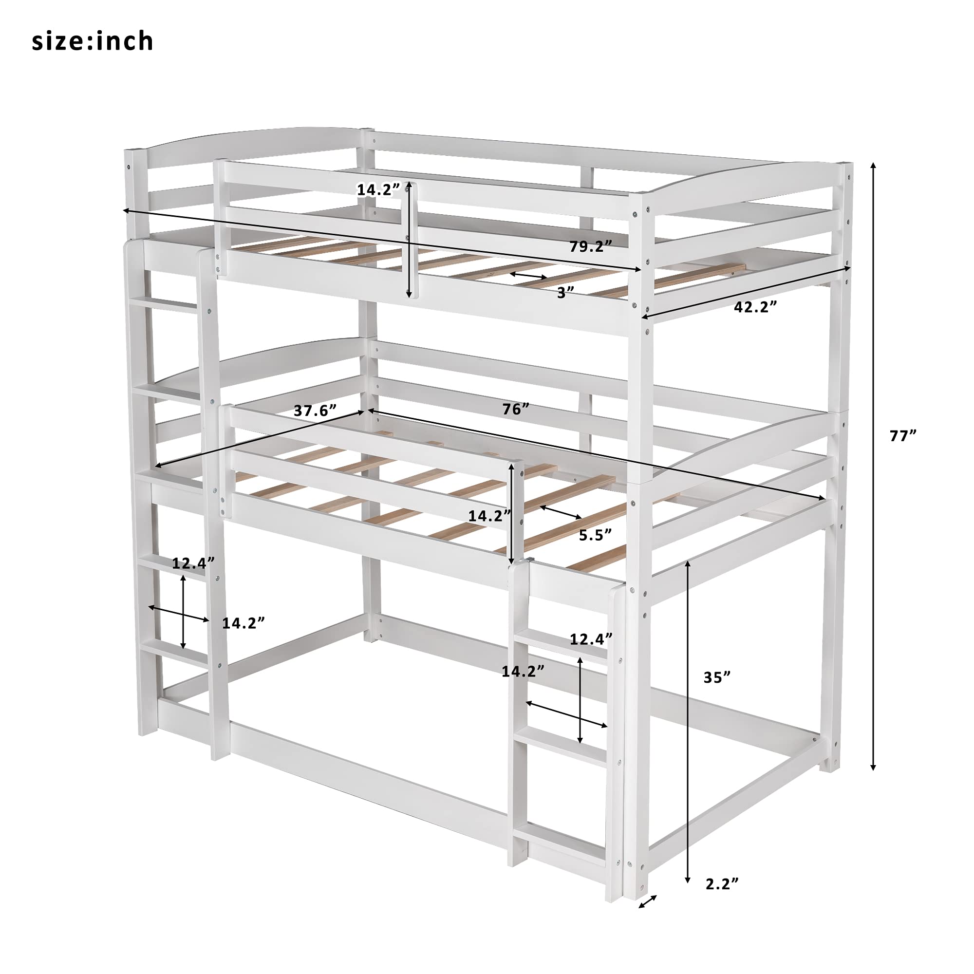 Solid Wood Triple Bunk Bed for Kids - Twin Over Twin Over Twin Bunk Bed Frame with 2 Built-in Ladders & Safety Guardrail, Convertible to Twin Bunk Beds or Loft Bed (White) - Perfect for Small Bedrooms, Kids' Rooms & Space-Saving Solutions
