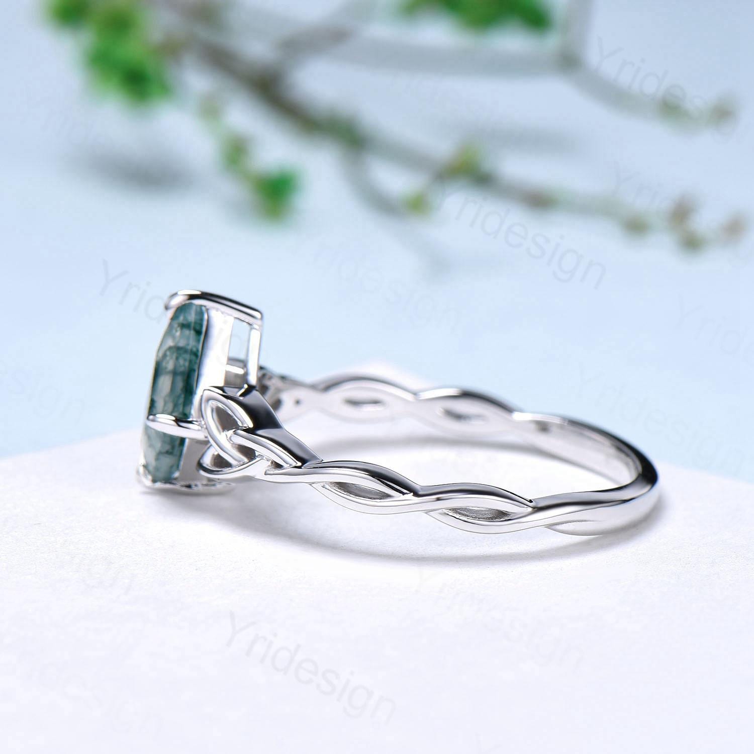 Viking Moss Agate Ring for Women - Norse Celtic Love Knot Engagement & Wedding Band - Unique Twisted Green Crystal Jewelry - Perfect for Viking Weddings, Handfasting Ceremonies & Medieval Cosplay