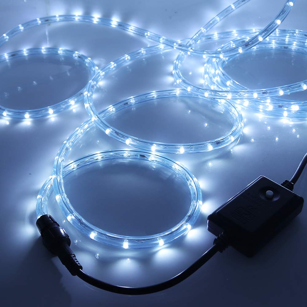 XUNATA 63ft LED Rope Lights - 6500K Daylight White Waterproof LED Strip Lights with 8 Modes (Flickering/Fading), Connectable for Indoor & Outdoor Use - Perfect for Home Decoration, Parties, Christmas, Garden, and Patio Lighting