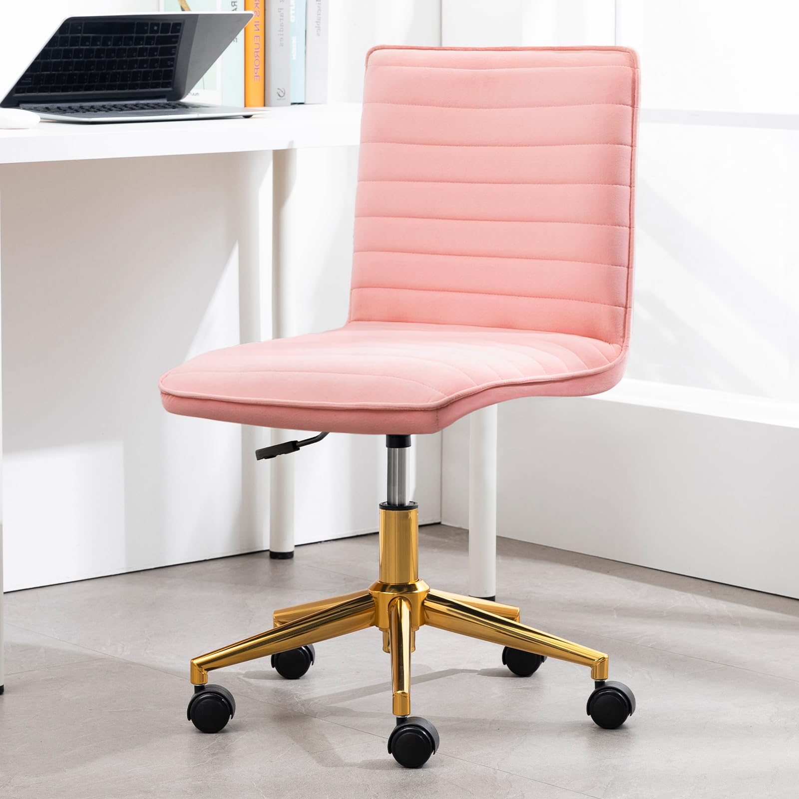 Furniliving Armless Vanity Chair with Wheels - Adjustable Height Soft Velvet Rolling Desk Chair with Gold Metal Base (Pink) | Perfect for Makeup Vanity, Home Office & Computer Workstation