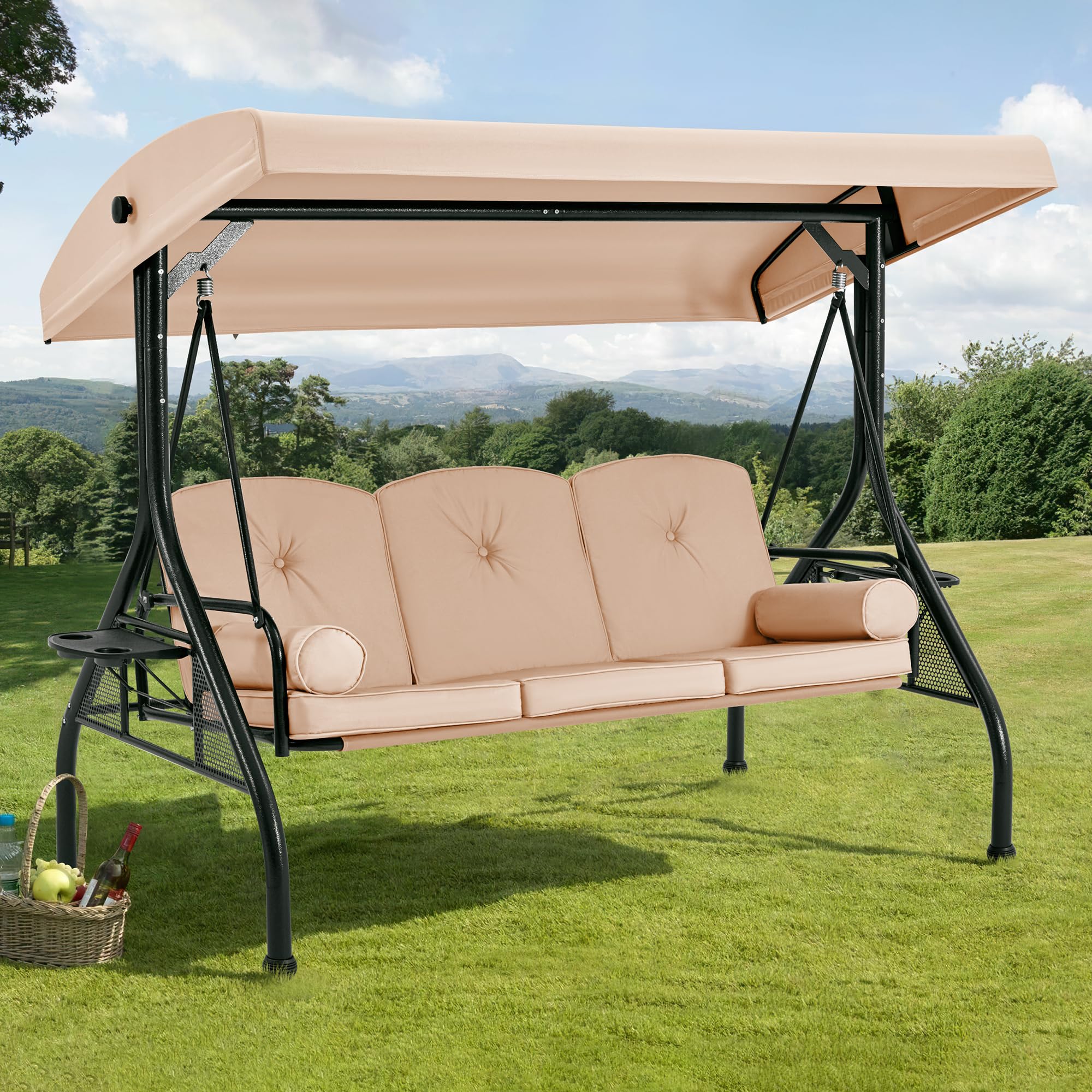 HOMREST 3-Seat Outdoor Porch Swing with Adjustable Canopy - Convertible Patio Swing Bed with Stand - Heavy-Duty Glider Swing with Upgraded Cup Holders, Thickened Cushions & Pillows - Perfect for Backyard, Garden, Deck or Patio Relaxation (Khaki)