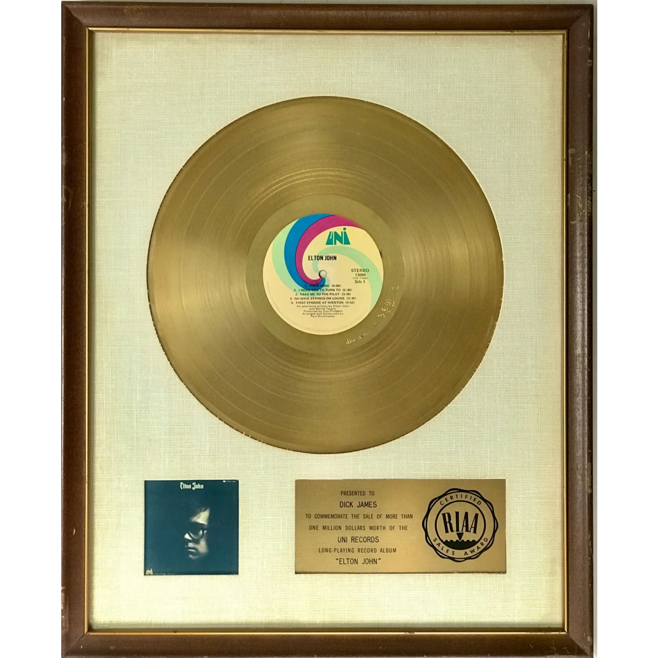 Elton John 1970 Debut White Matte RIAA Gold LP Award - Rare Vintage Vinyl Record Collector's Item for Music Enthusiasts & Home Decor