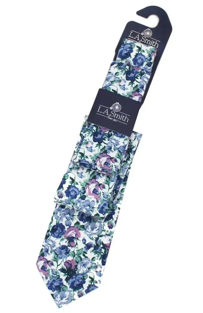 LA Smith Blue Floral Tie and Hanky Set for Men - Elegant Handkerchief & Necktie Gift Set for Weddings, Parties & Formal Events