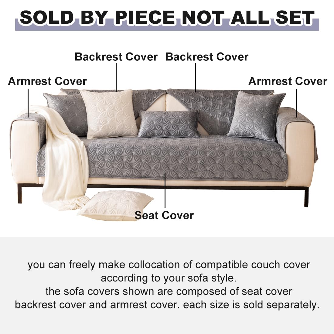 Premium Velvet Quilted Sofa Cover - Super Soft Non-Slip Sectional Couch Slipcover with Leaf Pattern, Plush Furniture Protector for Pets & Kids (Grey, 28