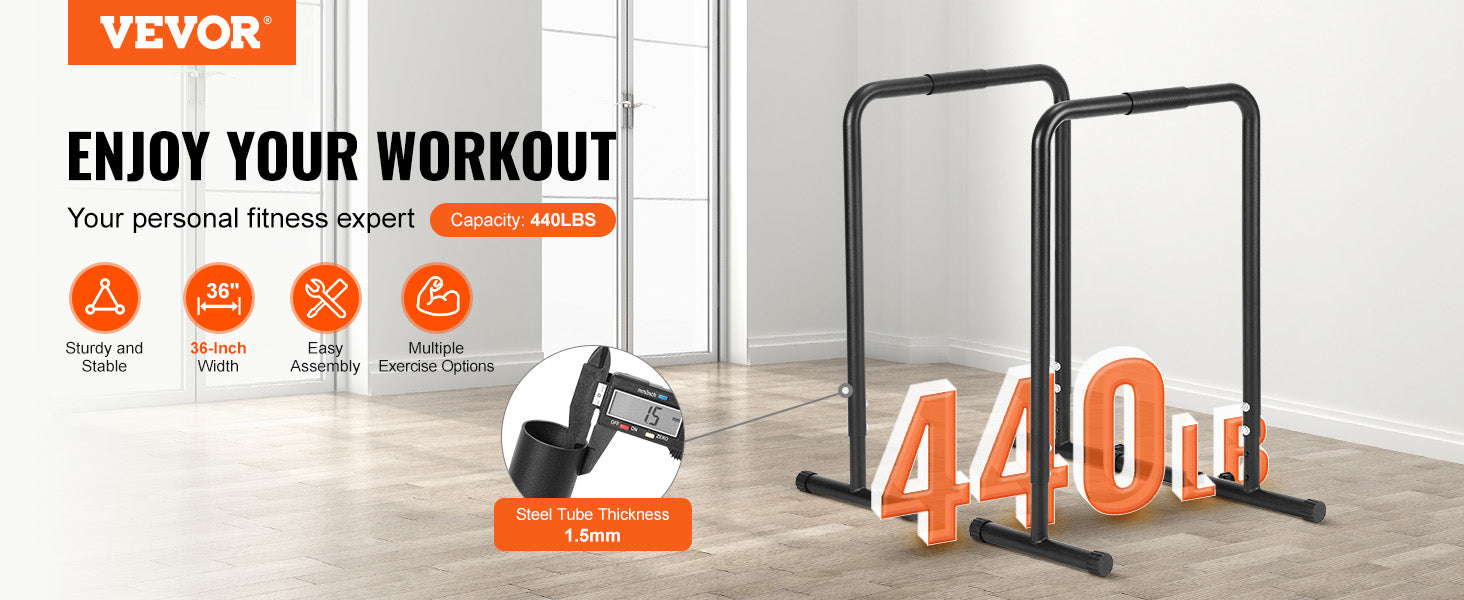 VEVOR Heavy Duty Adjustable Height Dip Bar Station - 440/500lbs Capacity for Strength Training, Calisthenics & Home Gym Workouts - Perfect for Pull-ups, Dips & Bodyweight Exercises