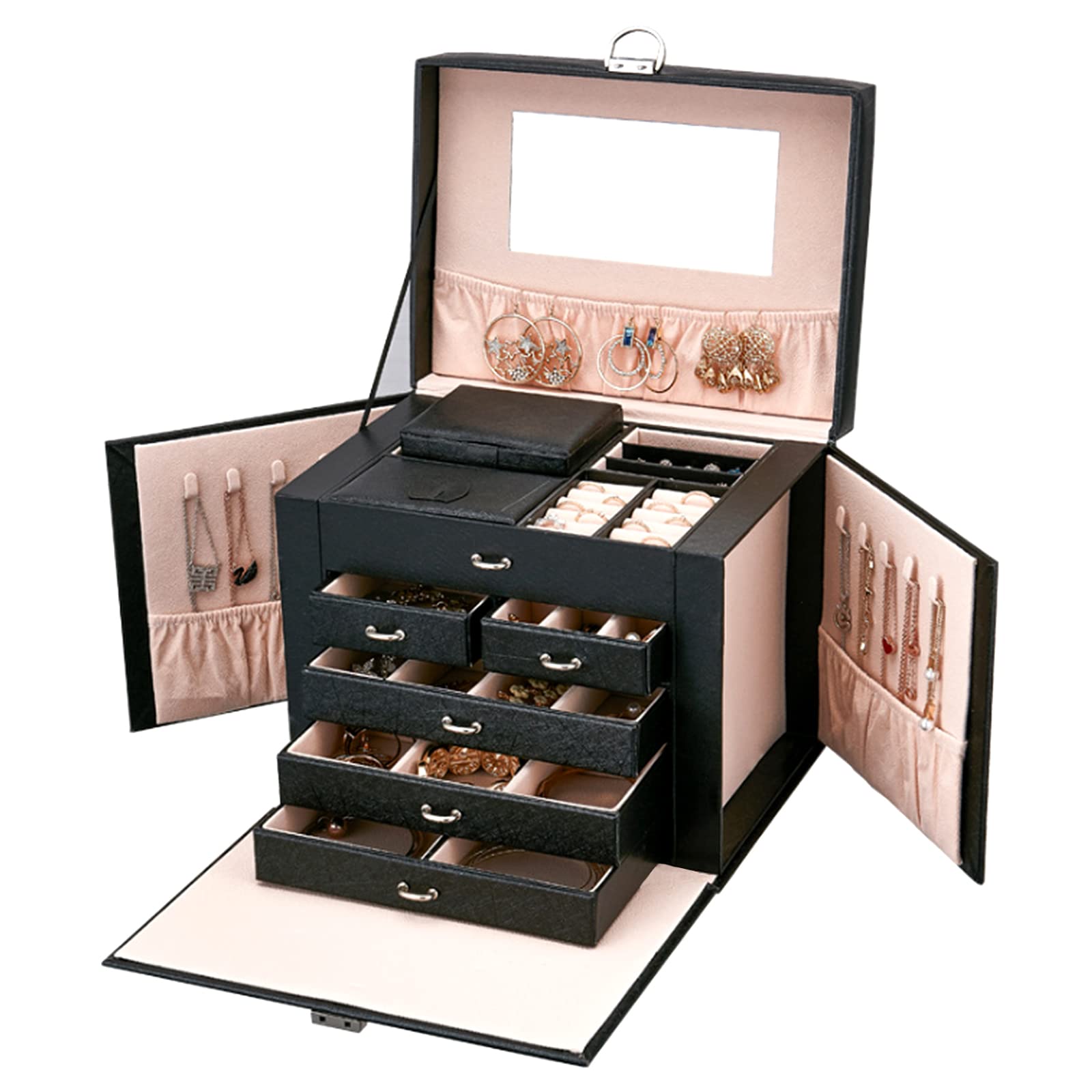 DREAM&GLAMOUR Large PU Leather Jewelry Box with Mirror & Lock - 6-Tier Organizer for Earrings, Bracelets, Rings, Necklaces & Watches | Perfect for Travel, Home Storage & Gift Giving (Black)