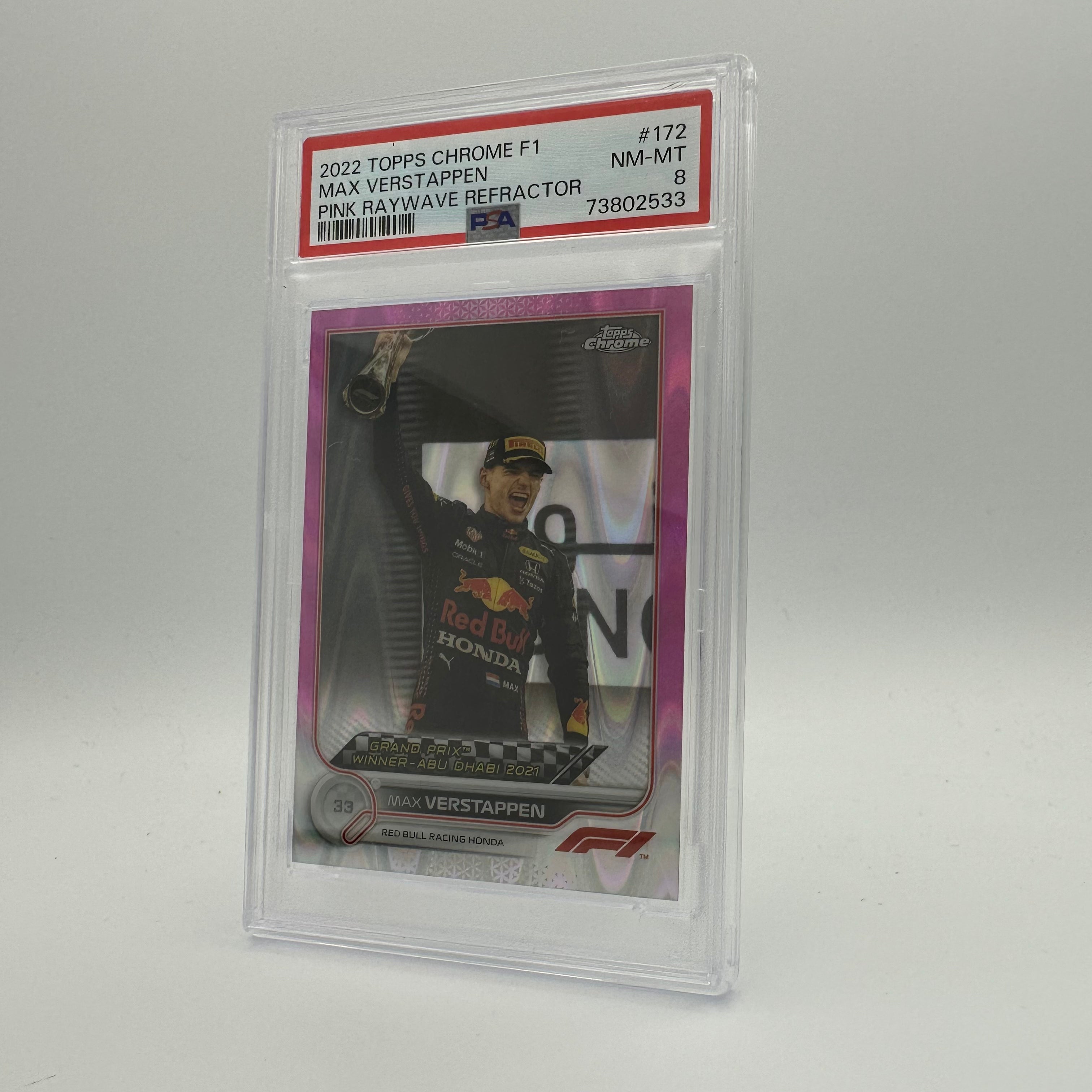 PSA 8 Graded 70/75 MAX VERSTAPPEN #172 PINK RAYWAVE REFRACTOR Trading Card - Rare Collectible for F1 Racing Fans & Sports Memorabilia Enthusiasts