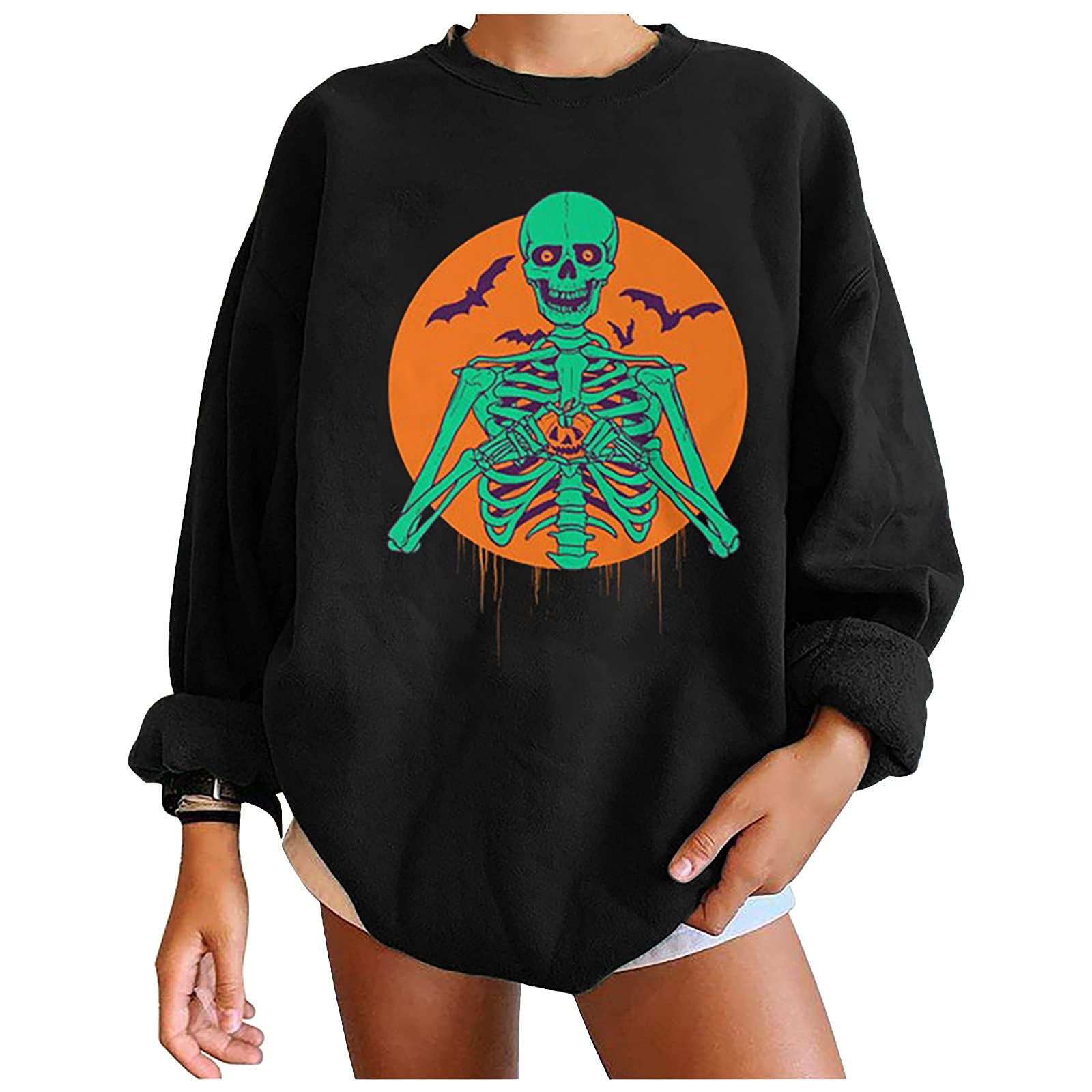 KIKX0DE Women's Oversized Cotton Crewneck T-Shirt - Skeleton Print Long Sleeve Casual Top for Spring | Relaxed Fit Basketball Tee for Streetwear & Everyday Comfort