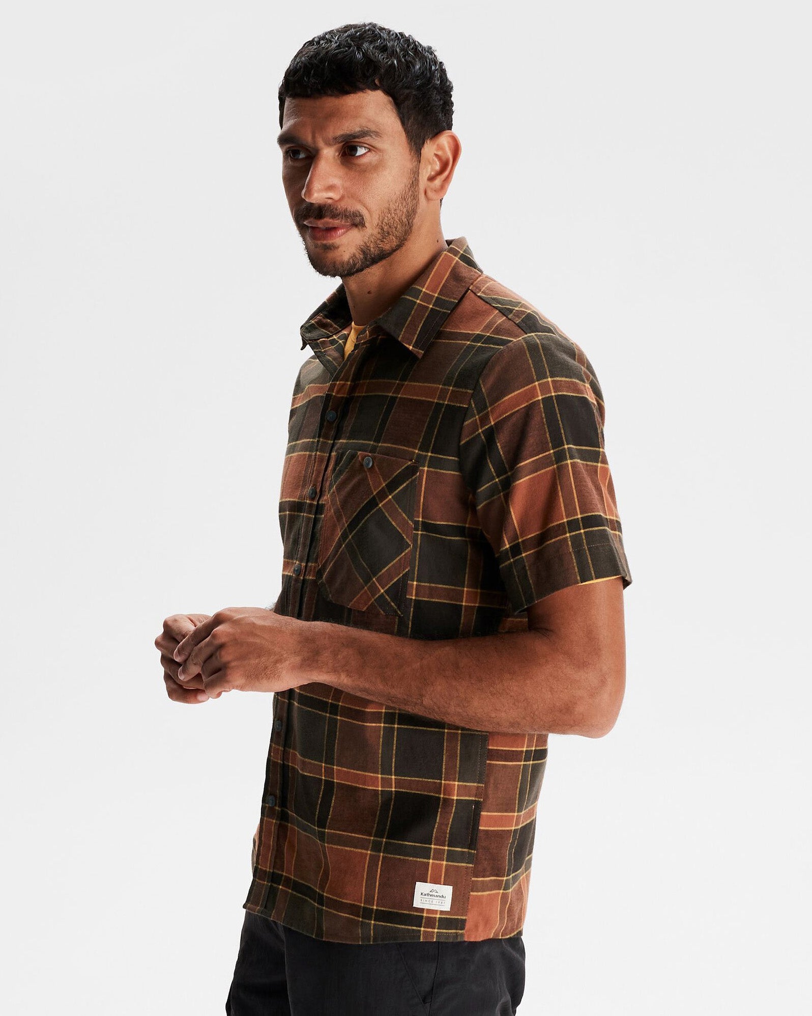 Men's Fyfe Short Sleeve Plaid Shirt - Redwood Checkered Pattern - Casual Summer Wear for Outdoor Activities & Travel
