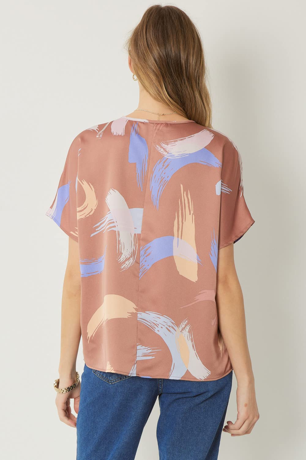 Entro Women's Abstract Print V-Neck Tunic Top - Brown | Flowy Casual Blouse for Work, Date Night & Everyday Wear