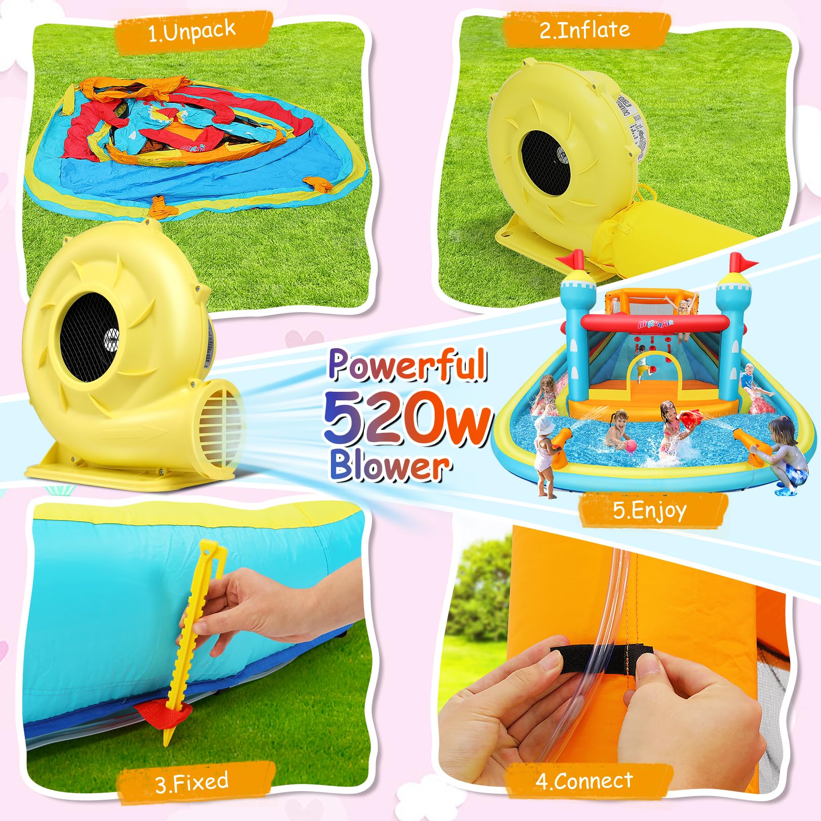 10-in-1 Inflatable Water Slide Park with Splash Pool, Jump Area, Climbing Wall & Water Cannons - 520W Blower Included | Perfect for Backyard Summer Fun, Kids Birthday Parties & Outdoor Water Play (Blue-Orange)