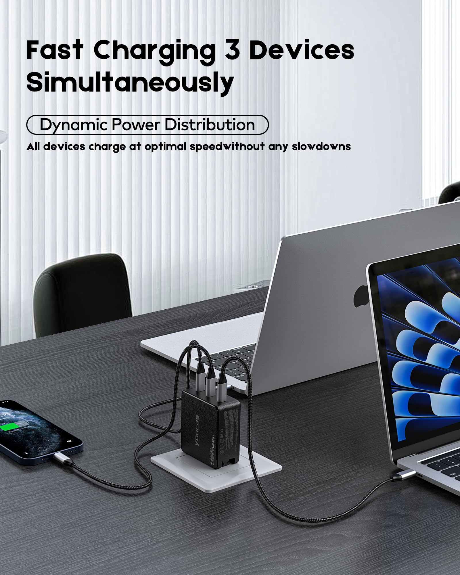 140W USB C GaN Charger PD3.1 Fast Charging, 3-Port Foldable Wall Charger for Laptop (MacBook Air/Dell/Lenovo/Chromebook), Tablet (iPad Pro), Phone (iPhone 15/14/Pro, Galaxy S22/21, Pixel) - Compact Travel & Home Office Charging Solution (Black)