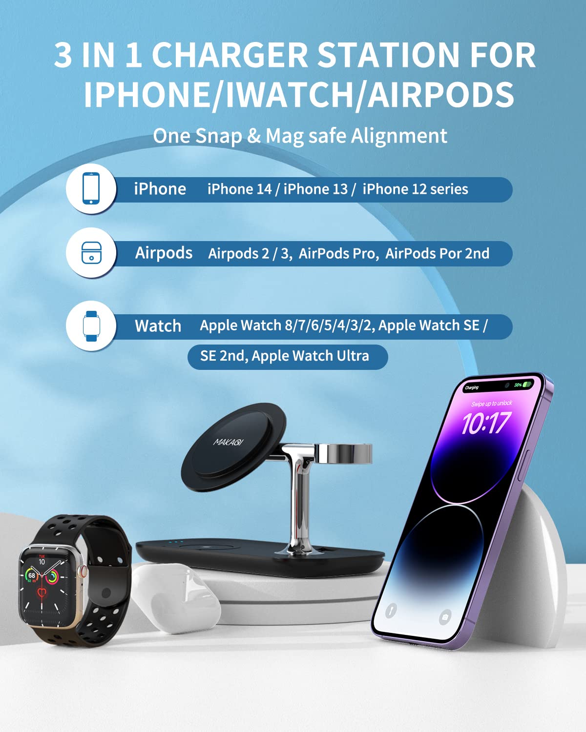 3-in-1 Magnetic Wireless Charging Station for iPhone 16/15/14/13/12, Apple Watch & AirPods Pro/4/3/2 - Fast Qi-Certified Charger with Magsafe Compatibility (Includes Cable & Wall Adapter) - Perfect for Home, Office & Travel Charging Needs