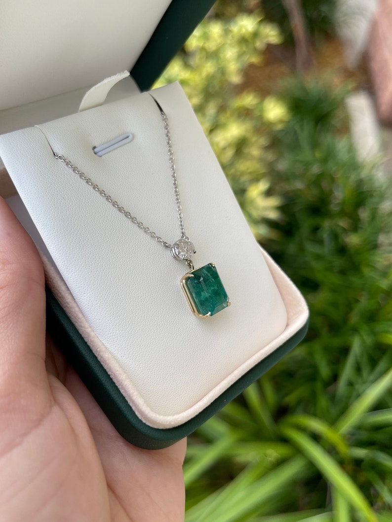 10.57tcw 14K Gold Emerald & Diamond Two Stone Dangle Stationary Necklace for Women - Elegant Jewelry Gift for Birthday, Anniversary & Special Occasions