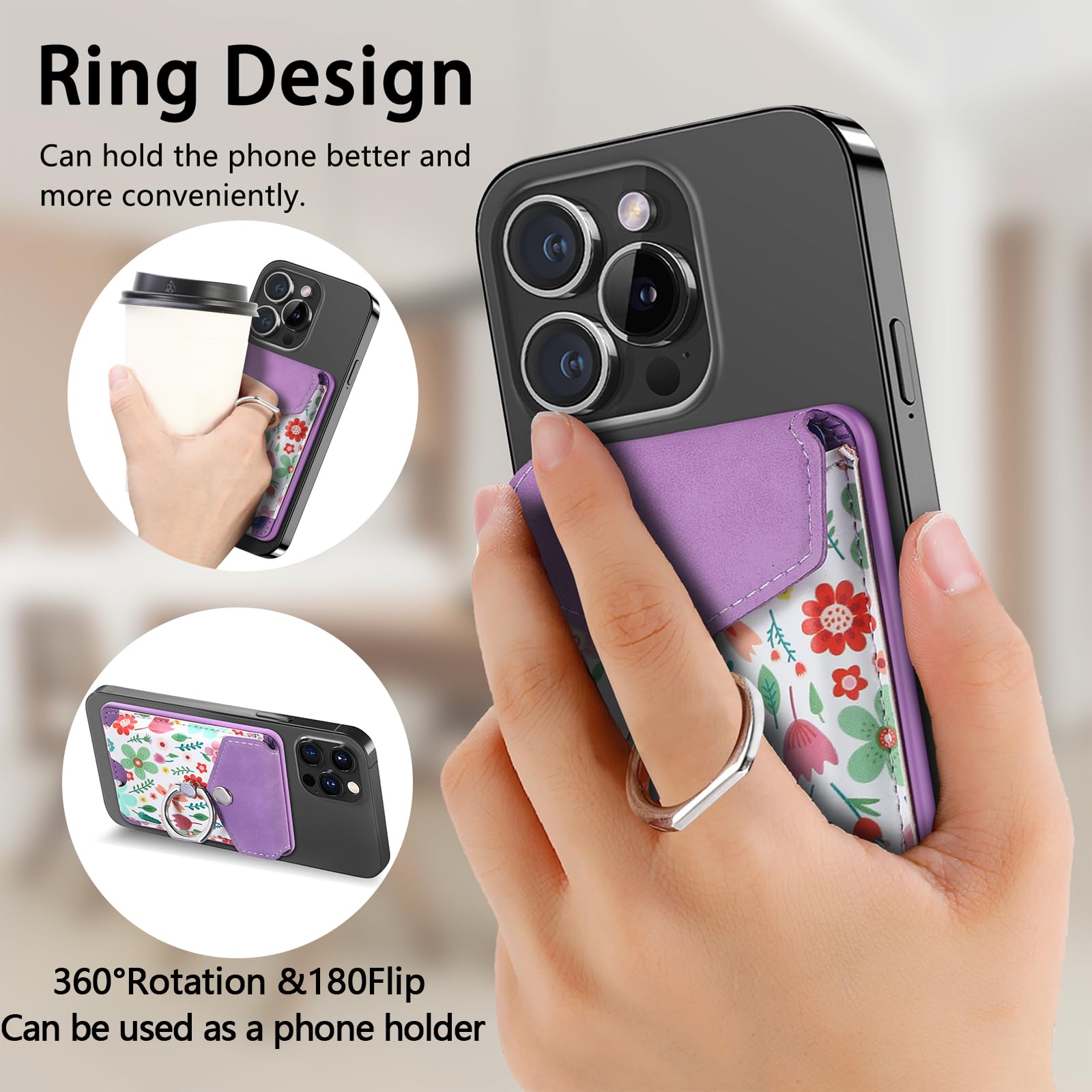 Magnetic Wallet for iPhone 15/14/13 with Phone Ring Stand - Purple for Women | Daily Essentials & Travel
