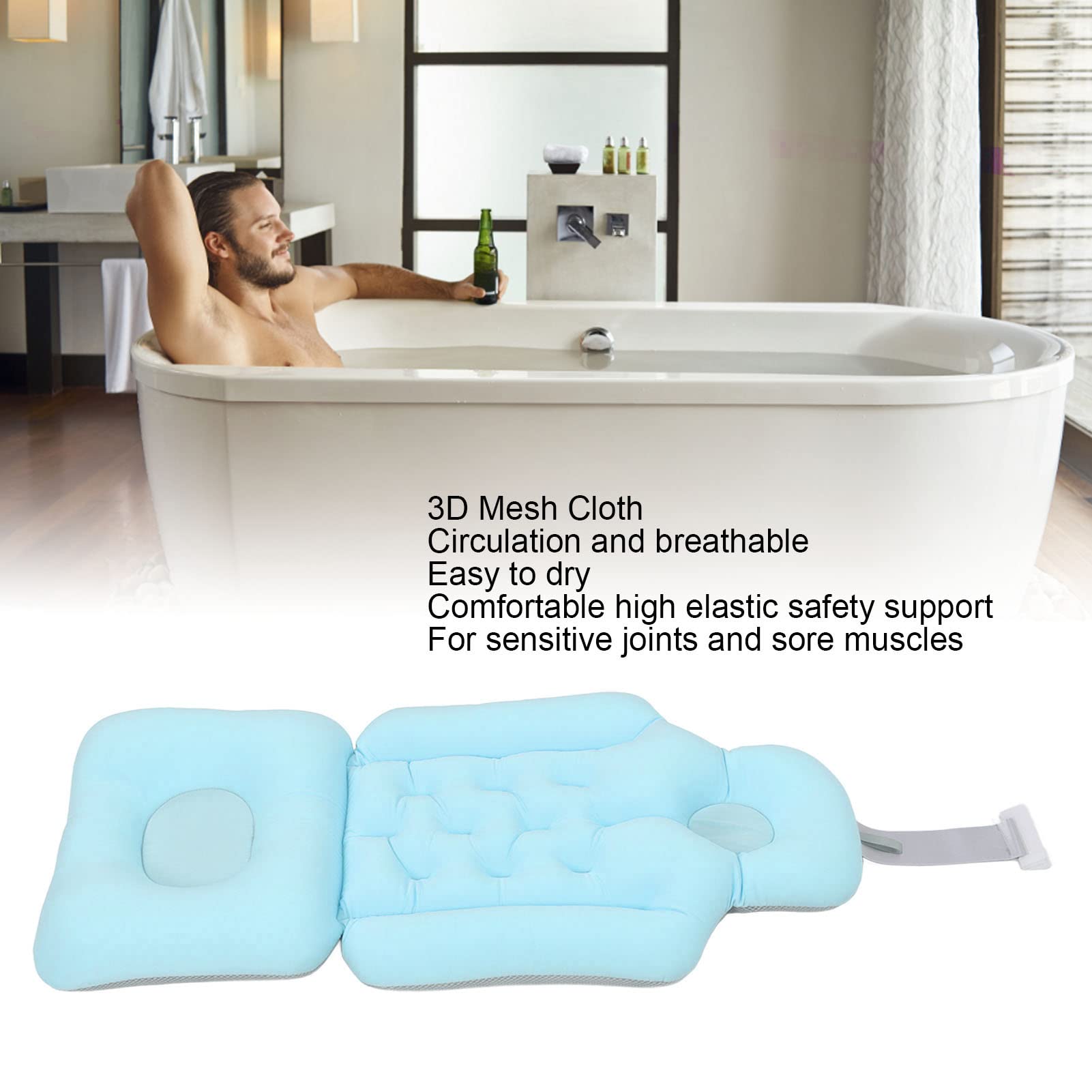 **Bathtub Cushion for Adults - Soft Breathable Bath Pillow with Headrest & Neck Support - Foldable Spa Seat Cushion for Relaxing Bath Time (Blue) - Perfect for Soaking, Reading, or Meditation in the Tub**
