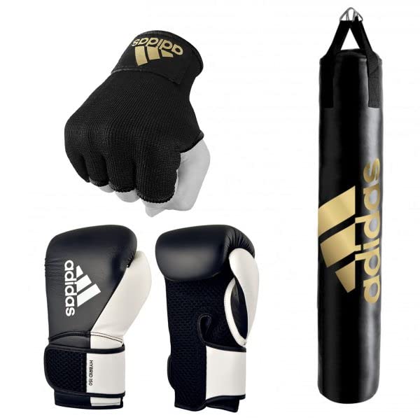 Adidas Heavy Bag Boxing Set with Hybrid 150 Gloves & Protective Inner Gloves - Home Gym Training Bundle for Boxing, Kickboxing & MMA - Red/Gold/White/Black - 10oz/12oz/16oz Gloves & 4ft/5ft Bags - Perfect for Home Workouts, Martial Arts Training & Fitness Routines