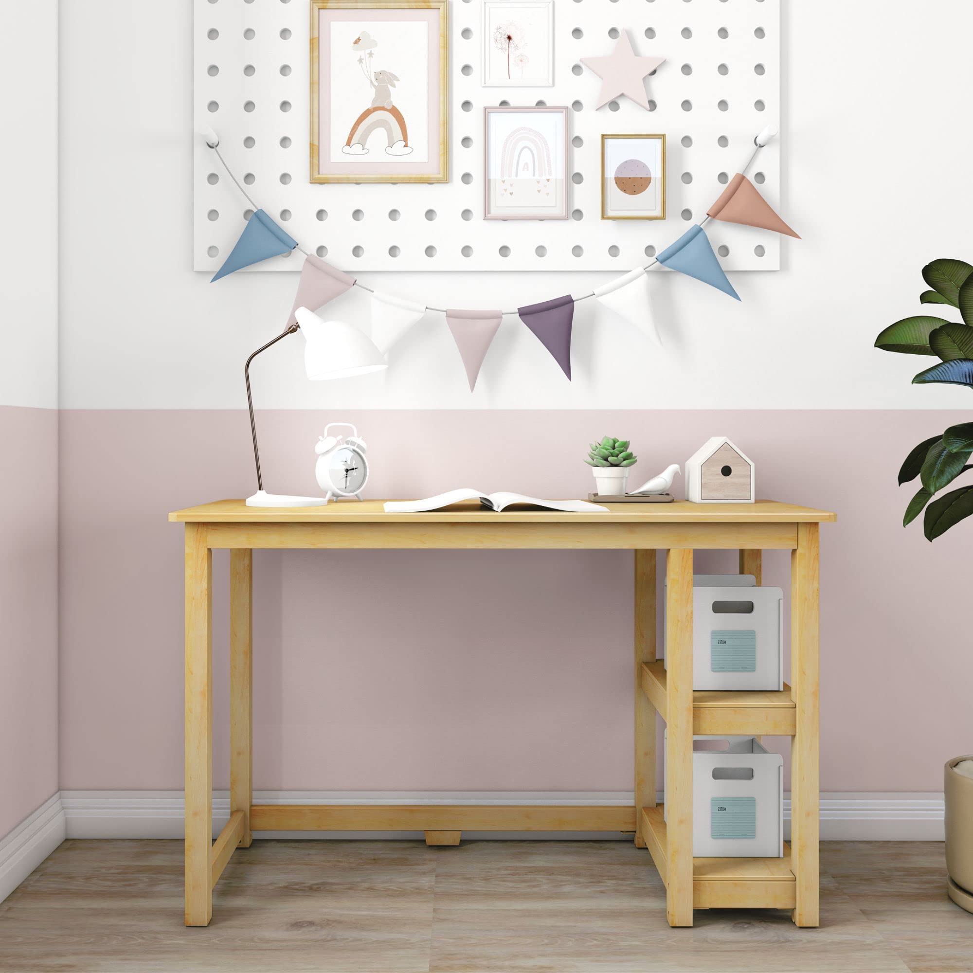 Max & Lily 47-Inch Solid Wood Desk with Shelves - Natural Wood Study Desk for Home Office, Kids Room, and Dorm - Perfect for Studying, Working, and Organizing