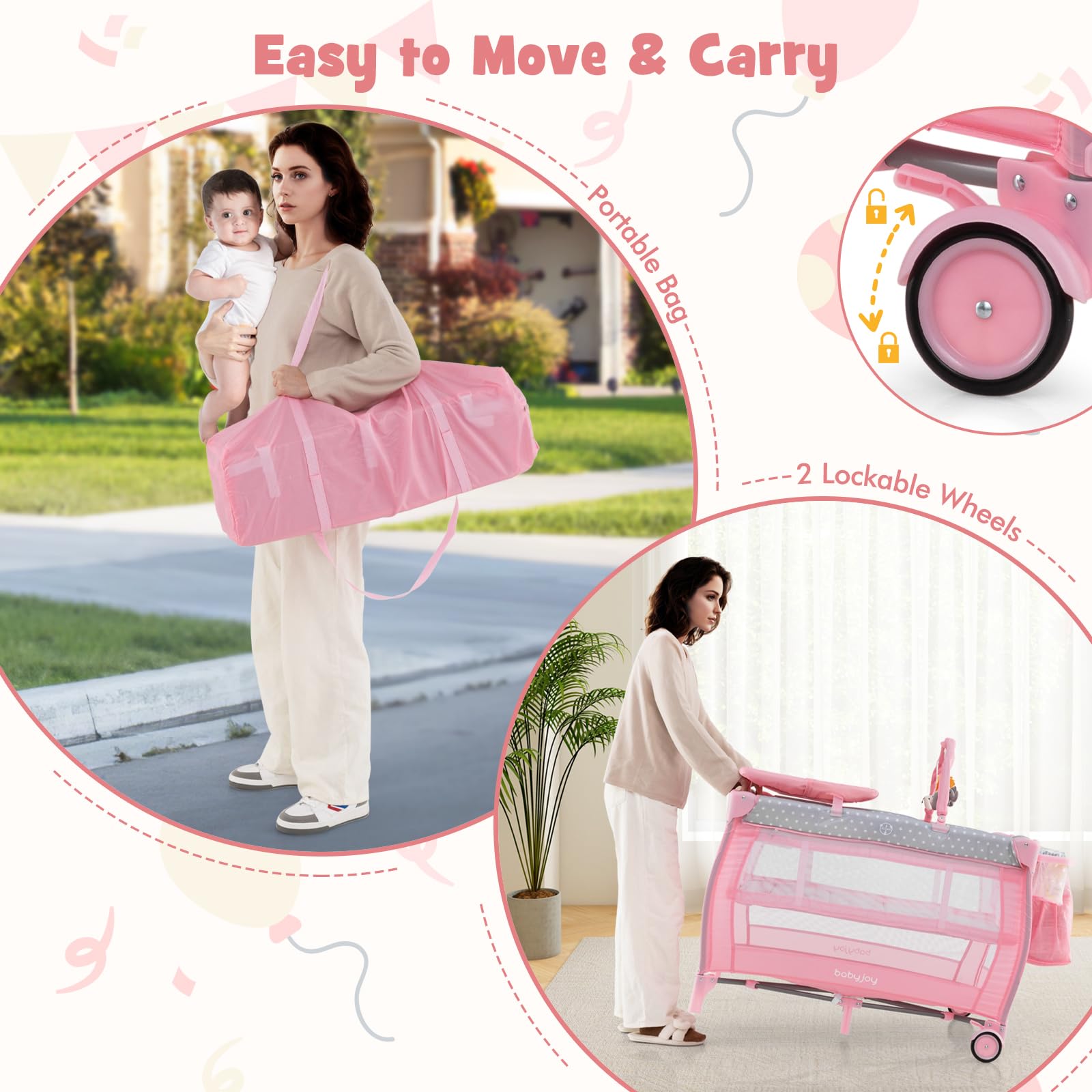 **BABY JOY 3-in-1 Portable Pack and Play with Bassinet & Changing Table - Convertible Travel Crib Playard with Brake Wheels, Newborn Napper & Large Storage Shelf - Includes Oxford Carry Bag - Perfect for Nursery, Travel & On-the-Go Parenting**