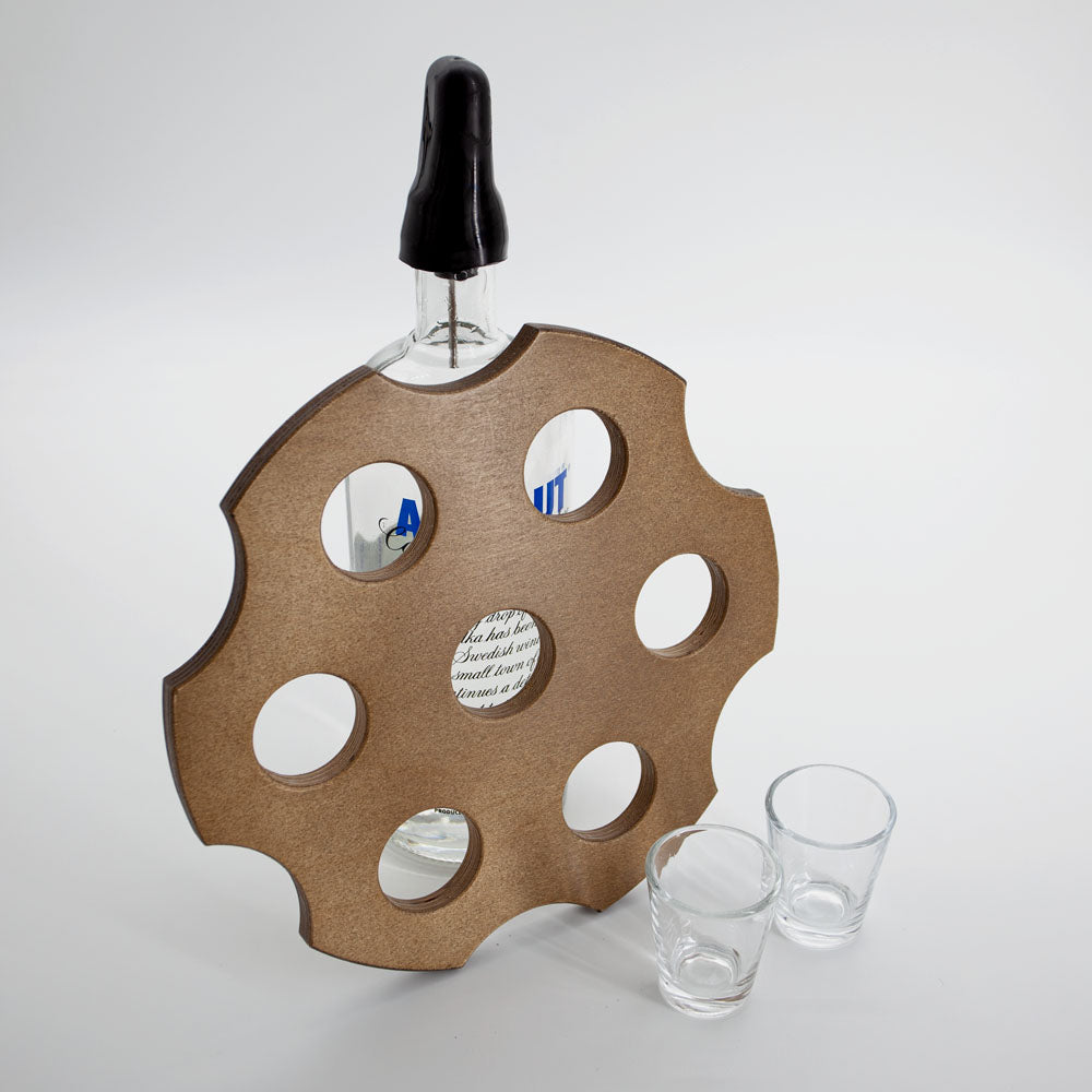 6 Shooter Wooden Shot Glass Holder & Bottle Topper Set - Black or Stained Finish - Perfect for Home Bars, Parties, and Whiskey Lovers