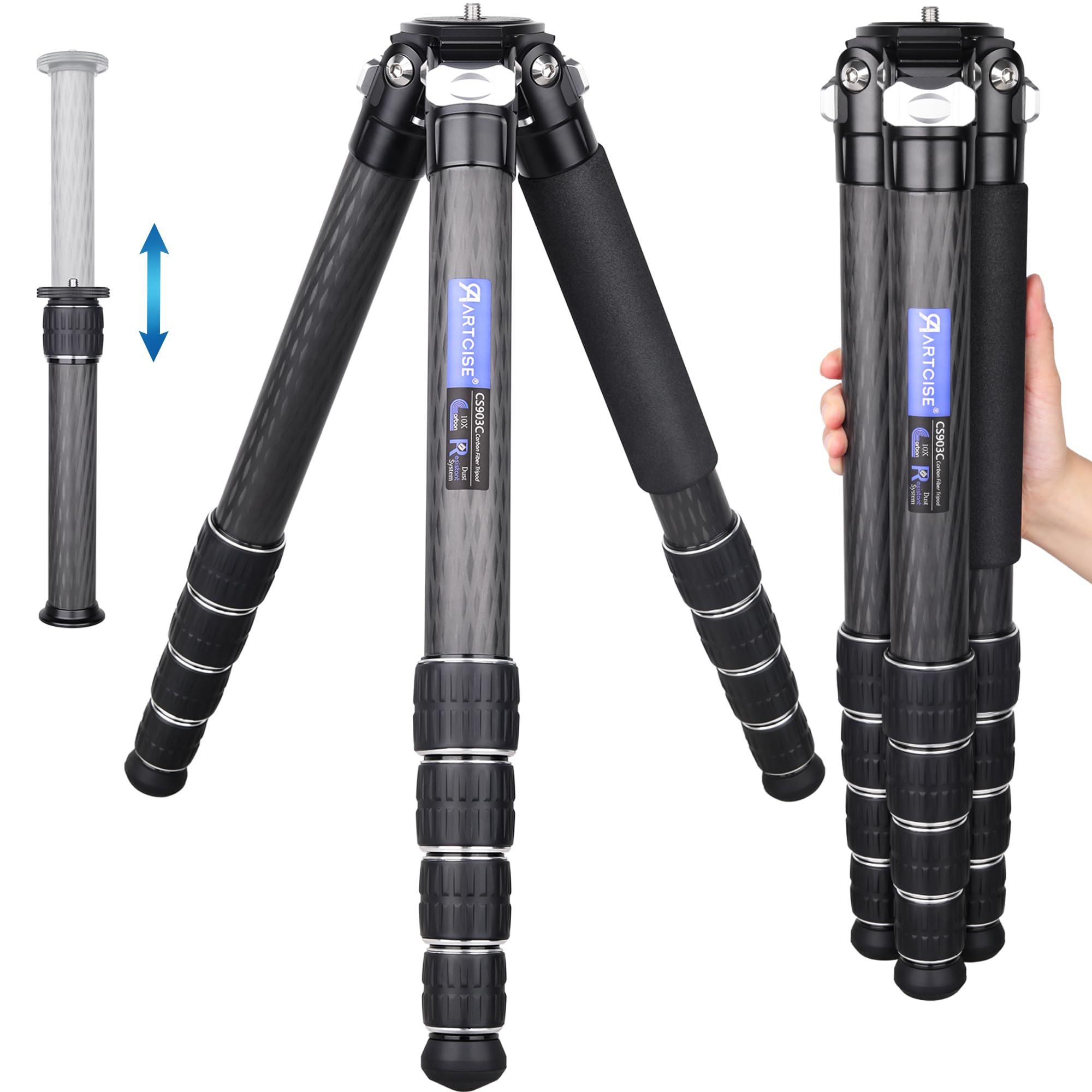 ARTCISE 78'' Professional Carbon Fiber Tripod for DSLR Cameras - Heavy Duty 10-Layer Carbon Fiber Tube, 5-Section with 40mm Max Tube Diameter, Supports 88lbs/40kg - Perfect for Outdoor Photography, Travel Vlogging & Studio Shooting