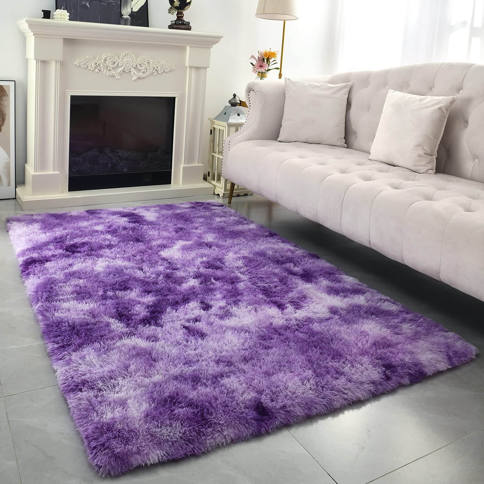 Astorug Fluffy Shaggy Area Rug - Non-Slip Tie-Dyed Purple Fuzzy Carpet for Bedroom, Living Room, Kids Room & Nursery - Soft Rectangle Dorm Rug (6x9 Feet) - Perfect for Cozy Home Decor & Floor Protection