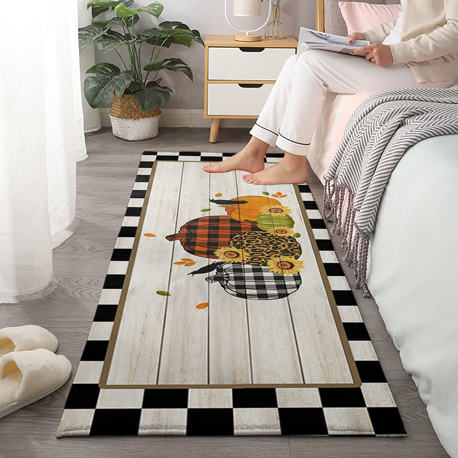 Chucoco 2-Piece Absorbent Kitchen Rug Set - Soft Plush Fall Decor with Pumpkin & Sunflower Design - Non-Slip Floor Mat for Kitchen, Bedroom, Laundry Room - Perfect for Thanksgiving & Autumn Home Decor