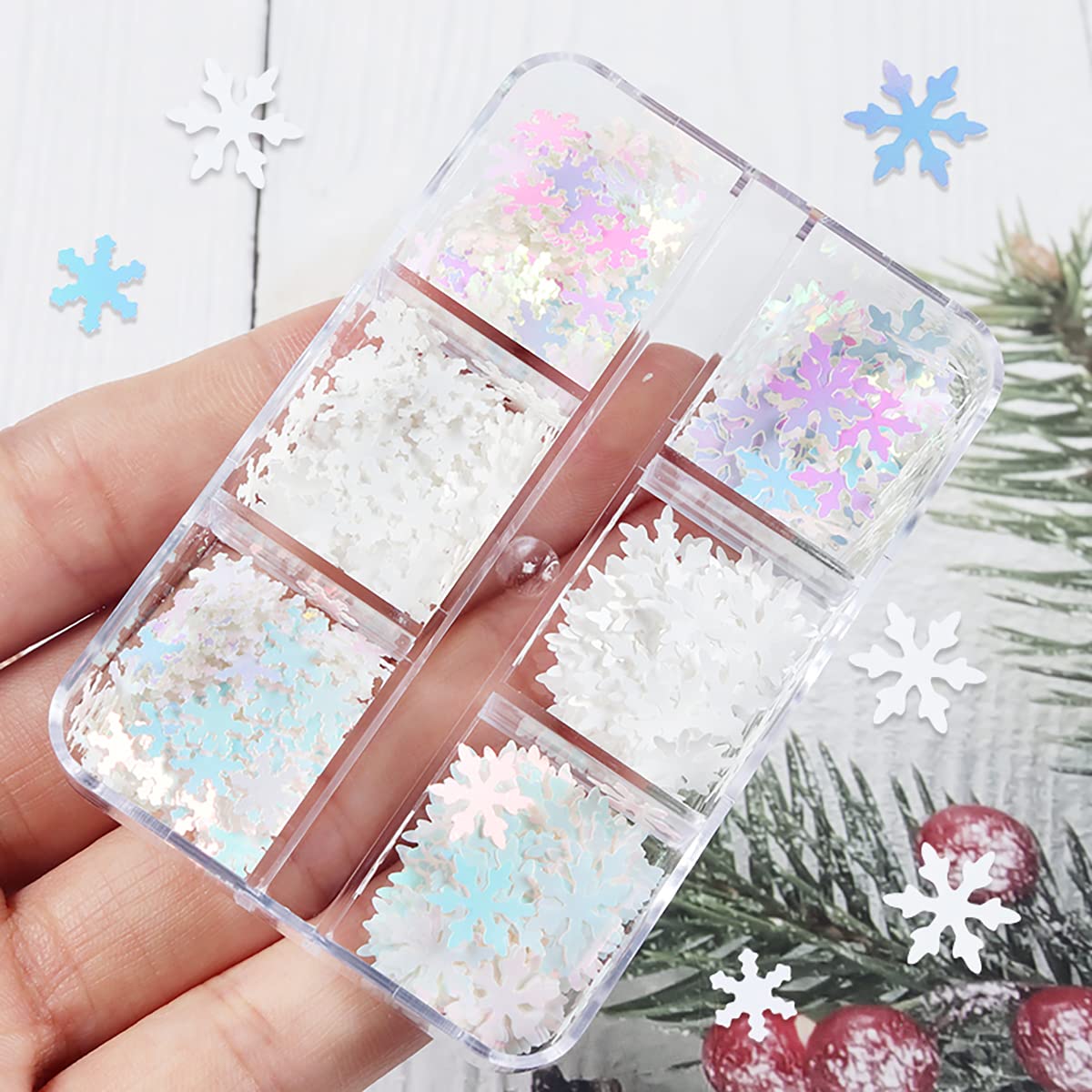 3D Holographic Snowflake Nail Glitter Sequins - Christmas Nail Art Flakes for Acrylic Nails, 6 Grids Laser Nail Decals Stickers - Perfect for DIY Holiday Nail Art, Winter Party Manicures & Festive Nail Decorations