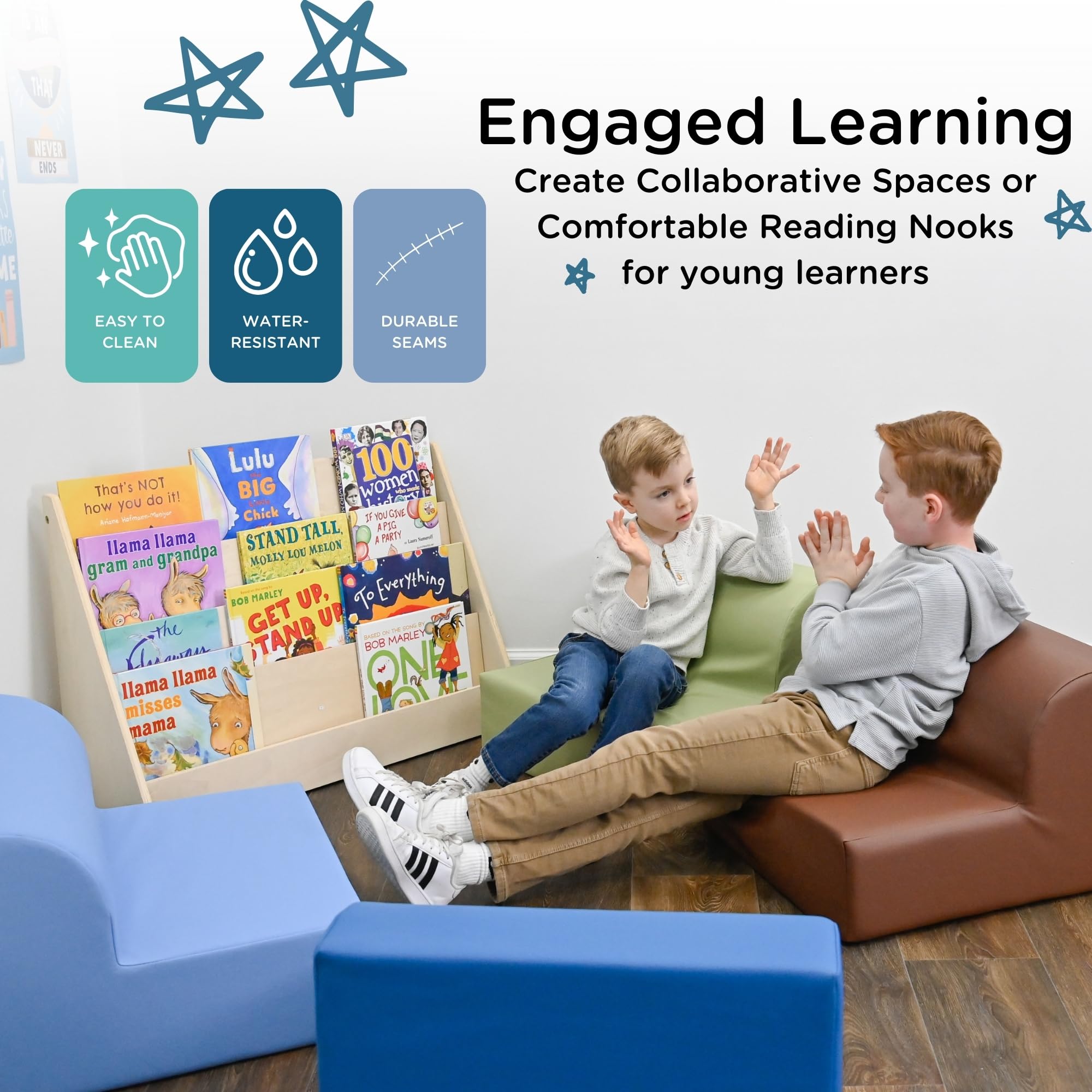 Children's Factory Library Loungers - Set of 4 Flexible Seating Classroom Chairs for Kids, Woodland Design, Comfortable Reading Nook Furniture for Home & School Use