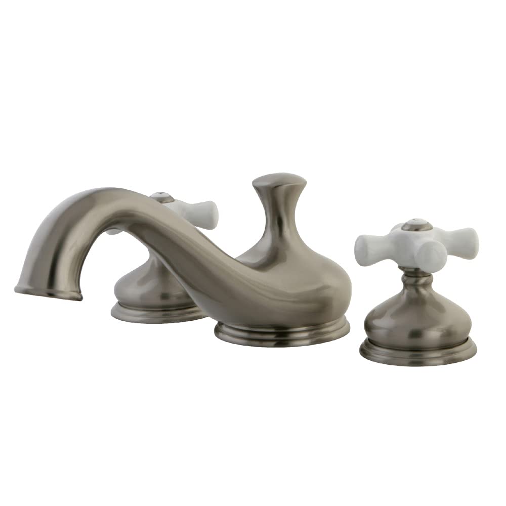 Kingston Brass KS3338PX Heritage Roman Tub Filler with Porcelain Cross Handle in Brushed Nickel - Perfect for Vintage Bathroom Decor and Luxurious Bathtub Experience