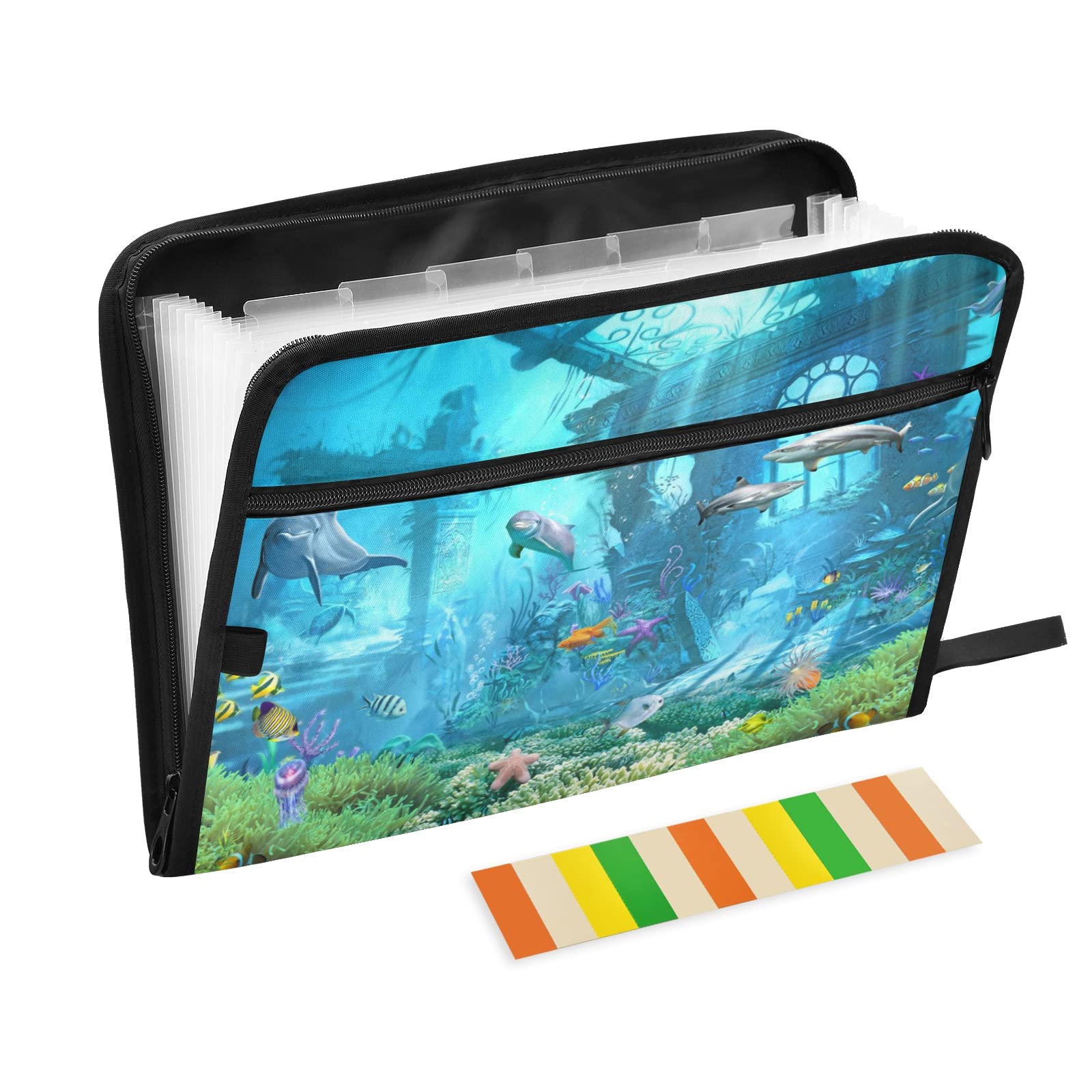KFBE Ocean Animal Expanding File Folder - 13 Pocket Accordion Organizer with Sticky Labels for Letter/A4 Paper, Zipper Closure Document Holder - Perfect for School, Office & Home Organization (20811734)
