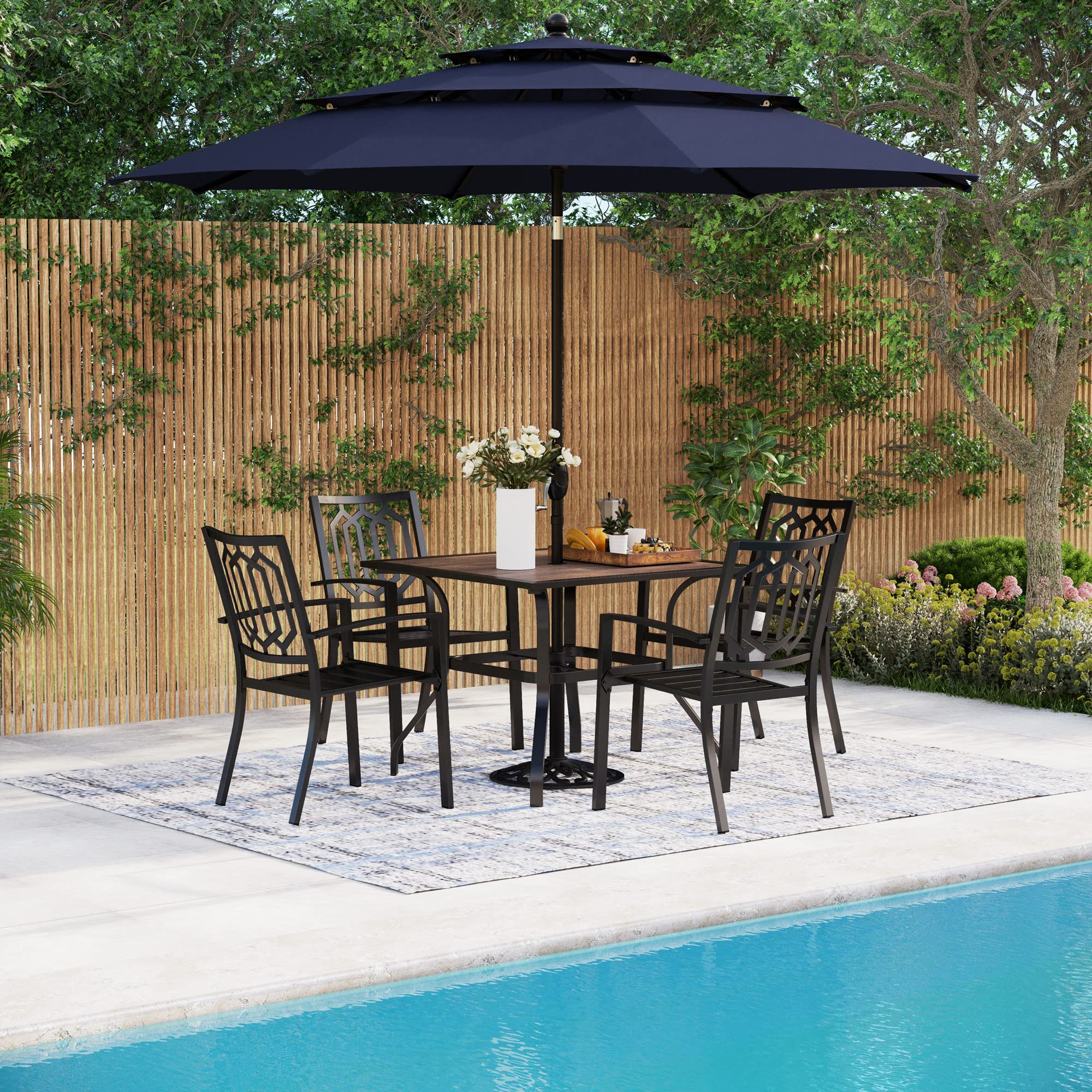 MFSTUDIO 4-Piece Outdoor Patio Dining Set with 10ft Umbrella - Navy Blue Stackable Chairs & Wood-Like Square Table - Perfect for Backyard, Garden, Poolside or Deck Dining (Umbrella Base Sold Separately)