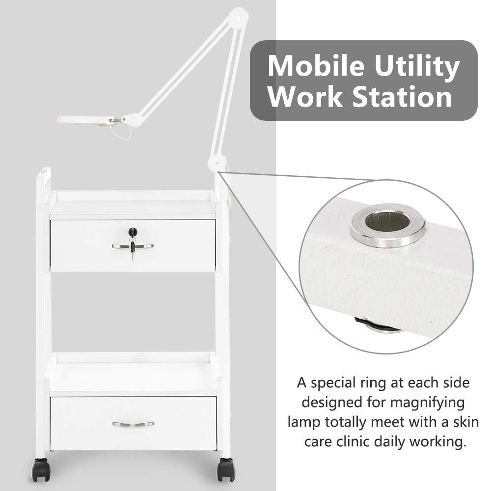 Professional Salon Trolley Cart for Beauty SPA & Massage - White Wooden Rolling Storage Cabinet with 2 Drawers (1 Lockable) - Mobile Utility Station for Estheticians, Tattoo Artists & Medical Supplies - Perfect for Facial Treatments, Waxing & Nail Services