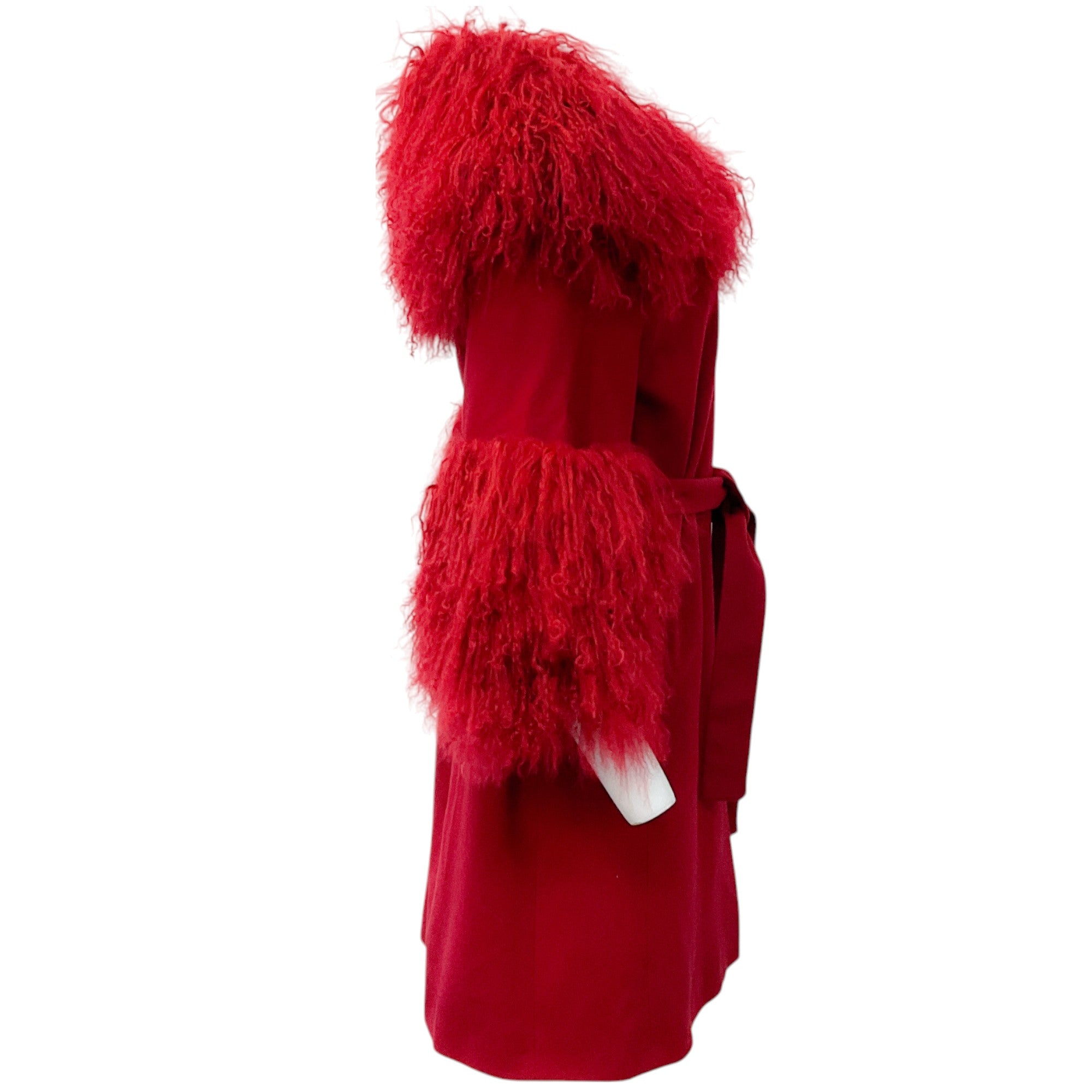 Fleurette Red Wool Belted Coat with Tibetan Lamb Collar - Women's Winter Fashion Outerwear for Office, Party & Holiday Events