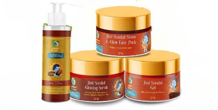 Lakshmi Krishna Red Sandalwood Glow Kit - Face Pack, Scrub, Gel & Wash for Radiant Glowing Skin | Hydrating, Dark Spot Reduction, Anti-Aging | Perfect for Daily Skincare & Bridal Beauty Routine