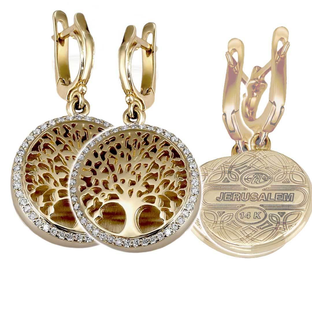 14K Yellow Gold Tree of Life Diamond Earrings - Handmade in Jerusalem | Spiritual Jewelry for Women, Gift for Her, Bridal, Wedding, Anniversary, Birthday Present