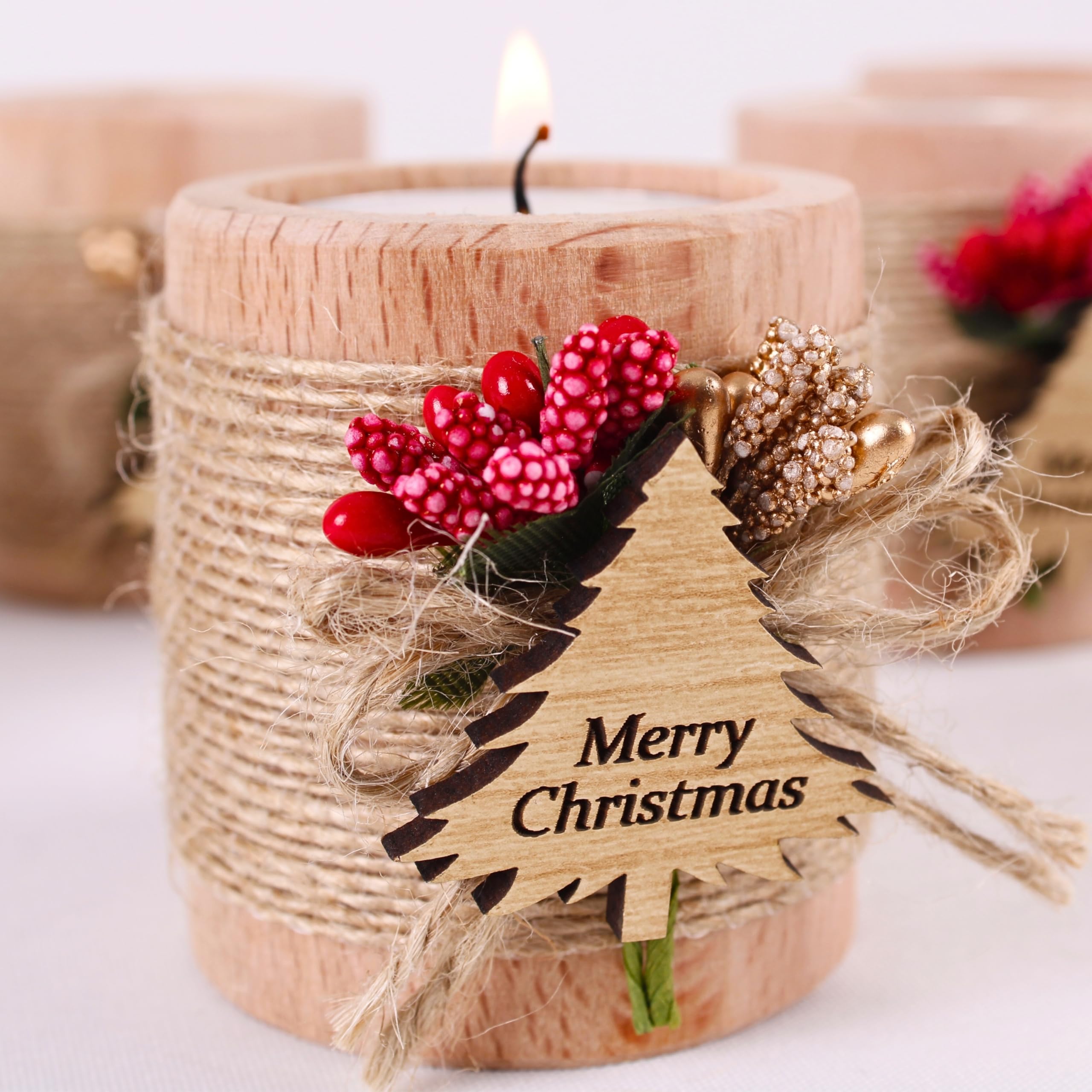 Pack of 10 Wooden Tealight Candle Holders - Christmas Tree Shaped Holiday Decorations for Xmas, New Year & Noel - Light Brown Bulk Candles for Home, Party & Festive Decor