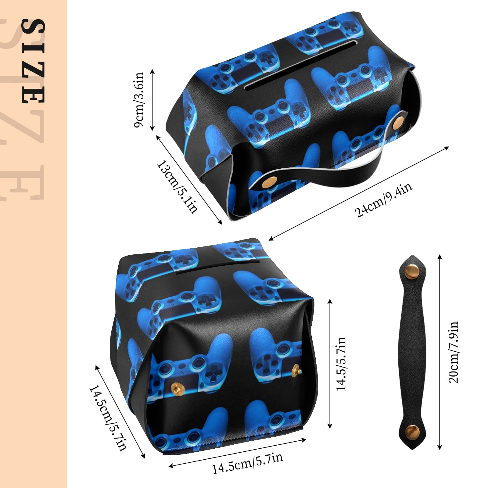 Blue Neon Light Video Game Joystick Shaped Leather Tissue Box Cover - 5.7x5.7x5.7 Inch with Handle for Bathroom, Home, Office & Car - Perfect for Gaming Rooms, Nightstands and Vanity Countertops