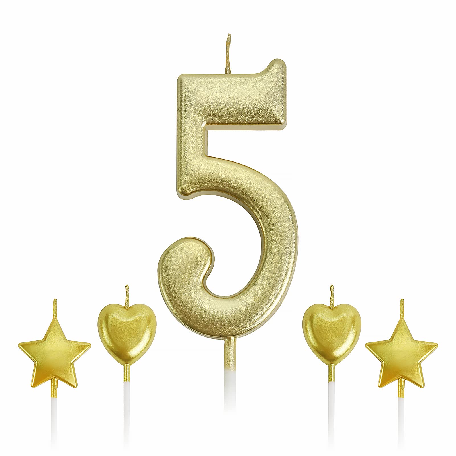 5th Birthday Candles Gold Number Cake Toppers for Kids & Adults Party Decor