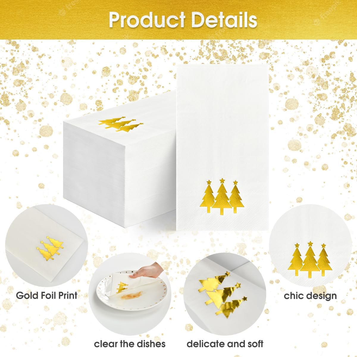 Horaldaily 100-Pack Christmas Disposable Paper Napkins - Gold Foil Christmas Tree Design for Holiday Parties, Dinner, Lunch & Kitchen Use - Elegant Guest Hand Towels for Festive Decorations & Bathroom Essentials