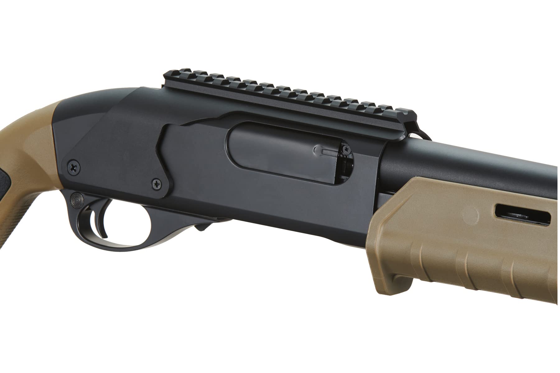 Golden Ball & Eagle M870 MP MLOCK Style 3/6-Shot Pump Action 350 FPS Gas Airsoft Shotgun - Tan with Holder | Tactical Training & Airsoft Battles | Outdoor Shooting & Survival Games