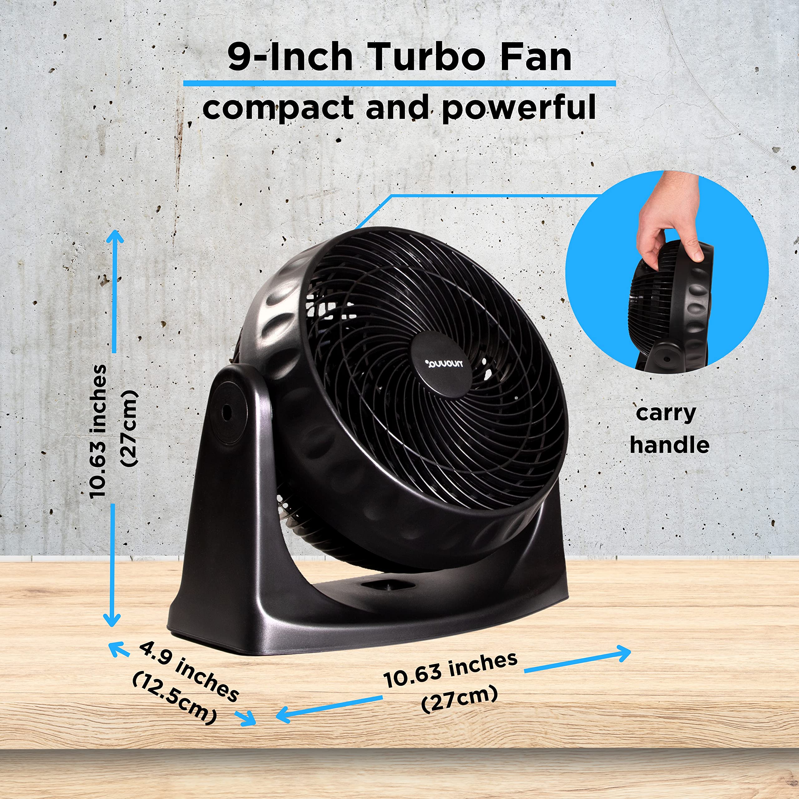 Nuovva Electric Turbo Desk Fan - Powerful Standing & Wall Mount Cooling Fan with 90° Oscillation - Ultra Quiet 3-Speed Adjustable Fan for Office, Bedroom & Home Use - Black