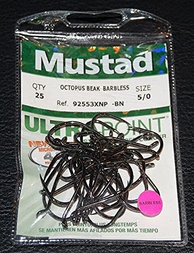 25 Pack Mustad 92553XNPBN-50 Barbless Octopus Beak Fishing Hooks Size 5/0 Black Nickel - Perfect for Saltwater Fishing, Bass, and Catch-and-Release Angling
