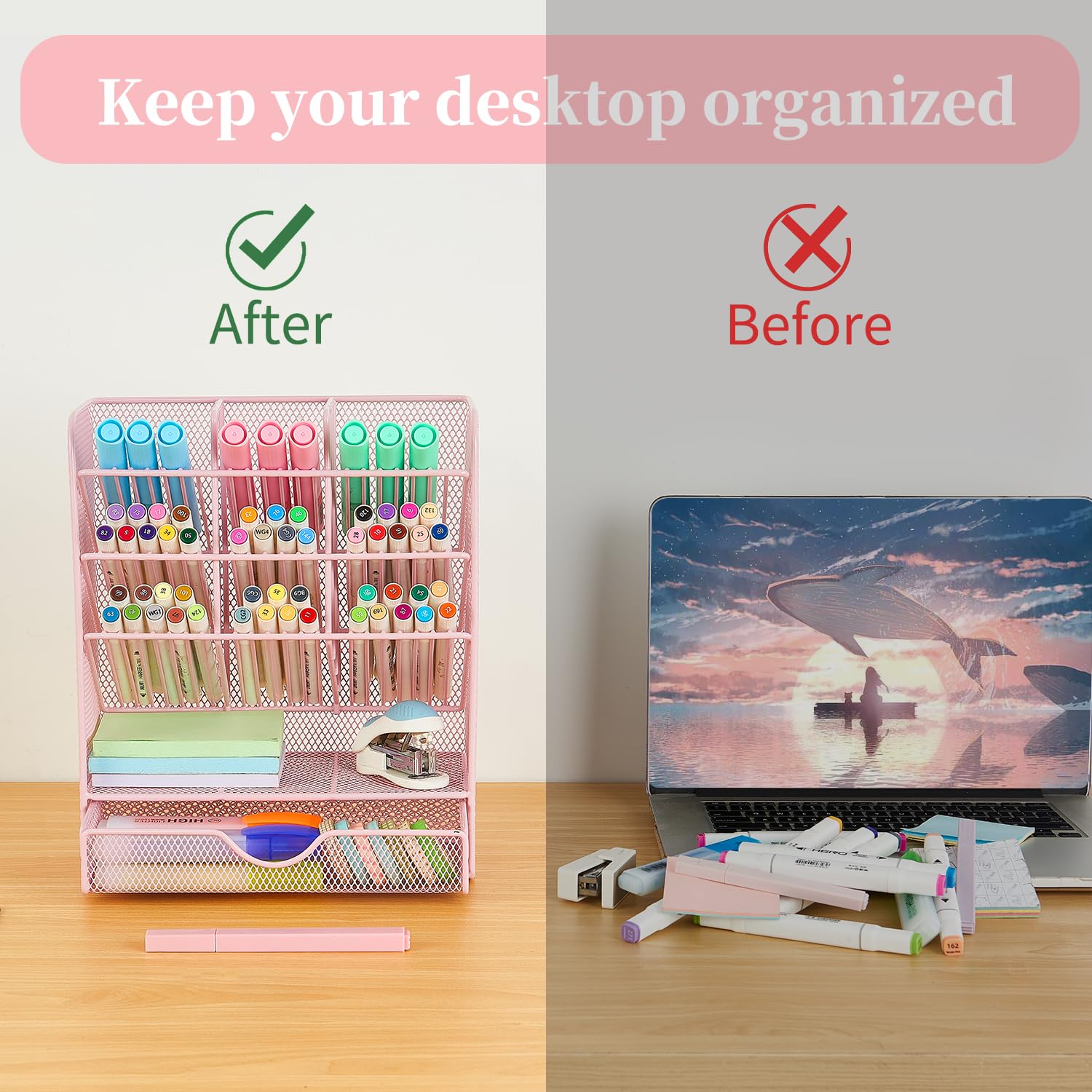 Spacrea 10-Compartment Pen Holder with Drawer - Stylish Desk Organizer for Office, School & Home - Perfect for Pens, Pencils, Markers & Stationery Storage