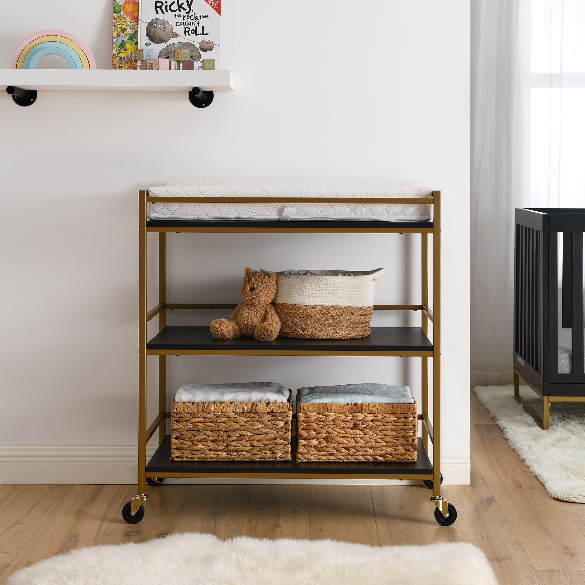 Delta Children Jade Changing Table & Cart - Ebony Melamine & Bronze Finish | Nursery Organization & Baby Care Essentials for New Parents