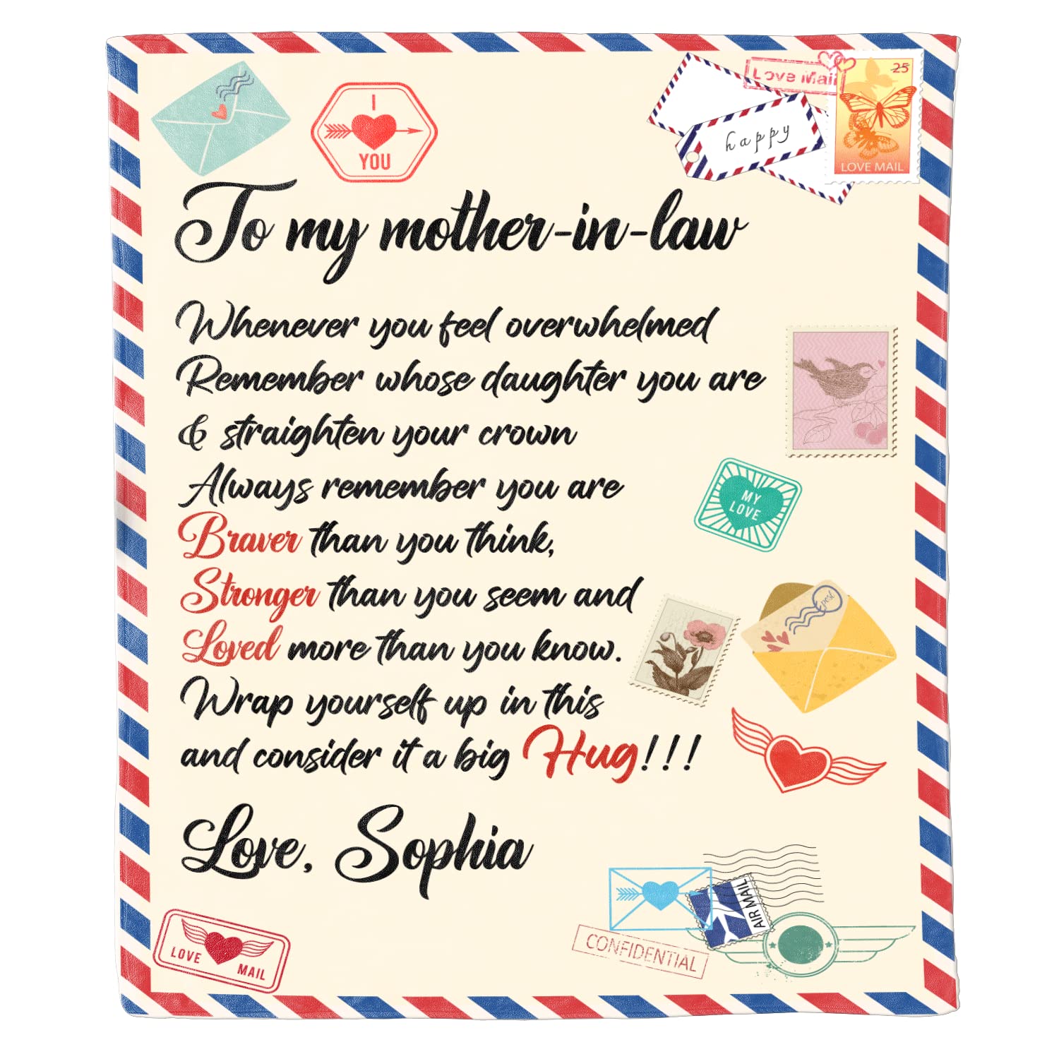 Personalized Mother-in-Law Air Mail Letter Blanket - Custom Name Throw Blanket for Mom - Made in USA - Perfect Gift for Mother's Day, Birthday & Special Occasions - Cozy Home Decor & Thoughtful Present from Daughter/Son-in-Law