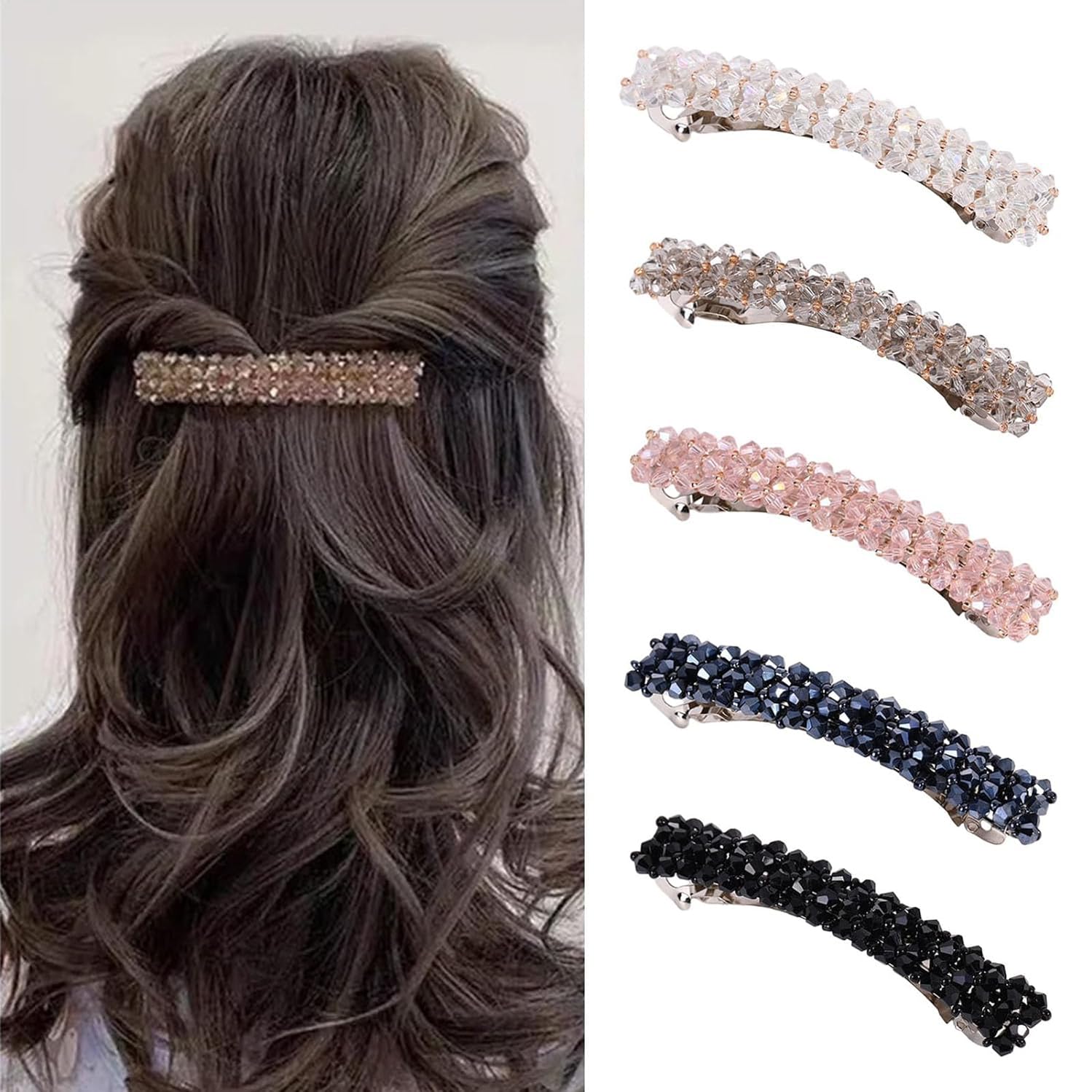 6 Pcs Crystal Hair Clips Set for Women & Girls - Shining Diva Fashion French Barrettes - Elegant Party Hair Accessories Combo for Weddings, Prom, Daily Styling